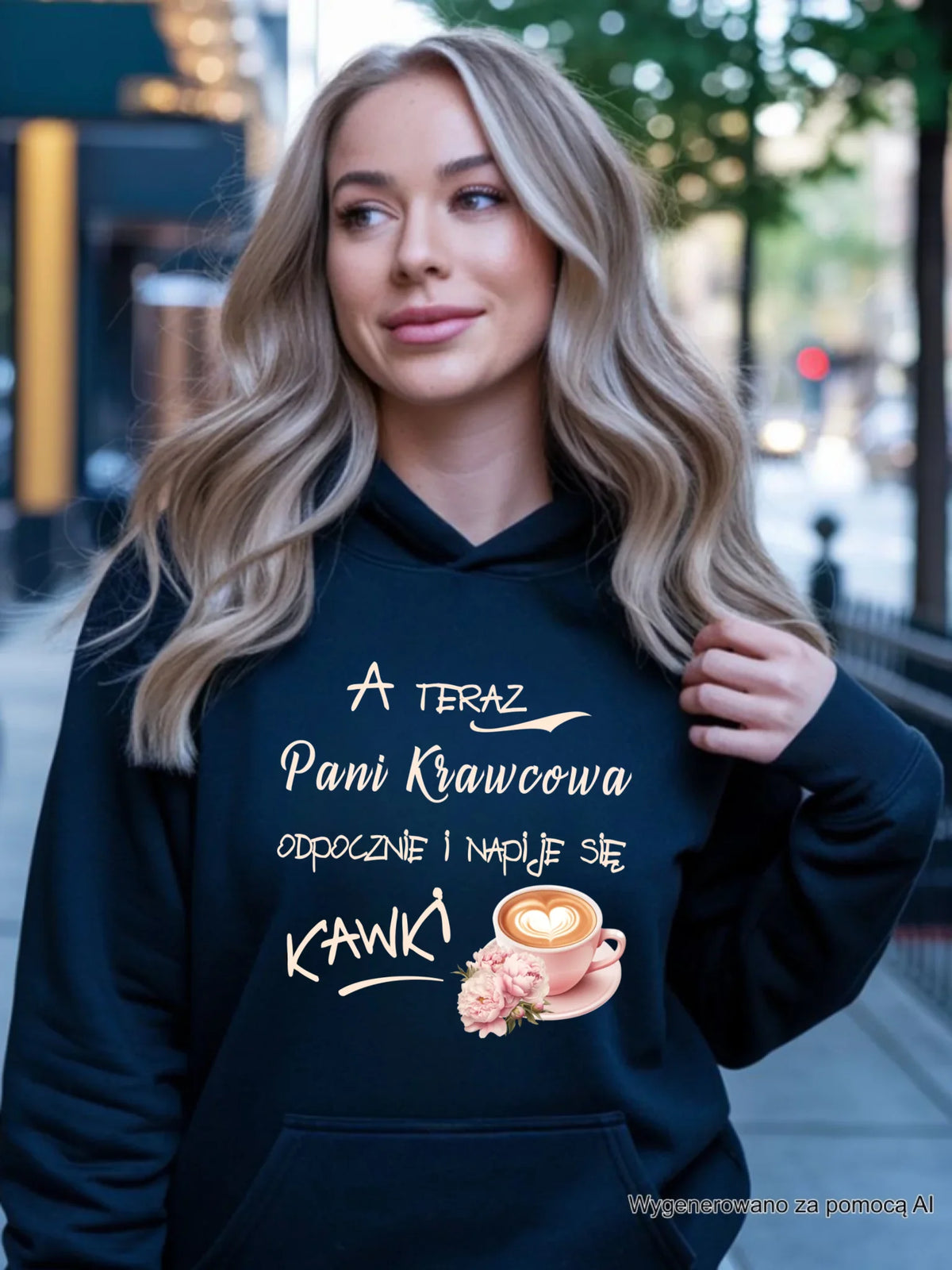 Bluza damska z kapturem szyciowa dla krawcowej - Napije się kawki HS27