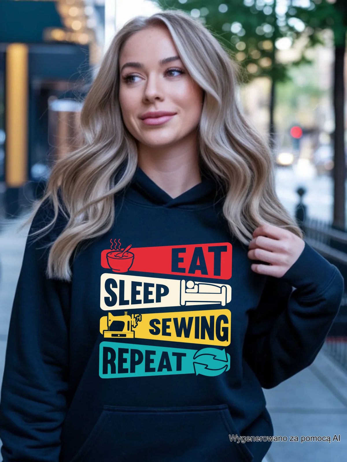 Bluza damska z kapturem szyciowa dla krawcowej - Eat sleep sewing repeat HS21