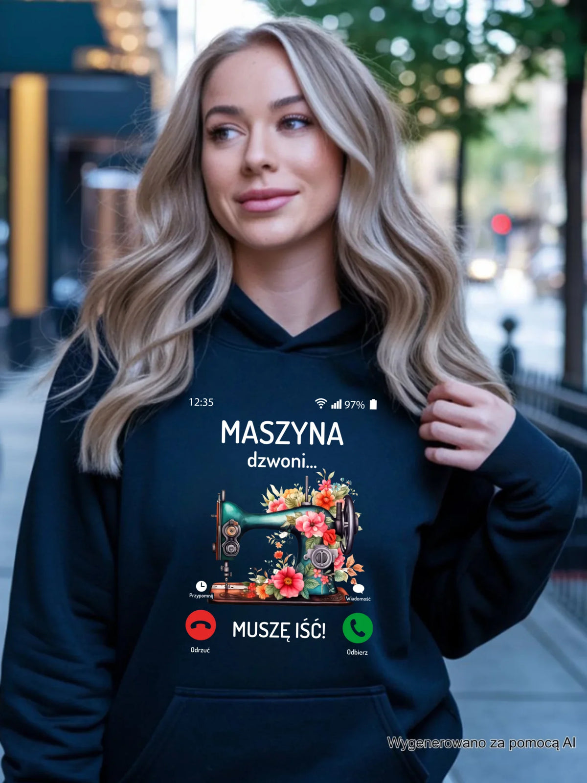 Bluza damska z kapturem szyciowa dla krawcowej - Maszyna dzwoni muszę iść HS05