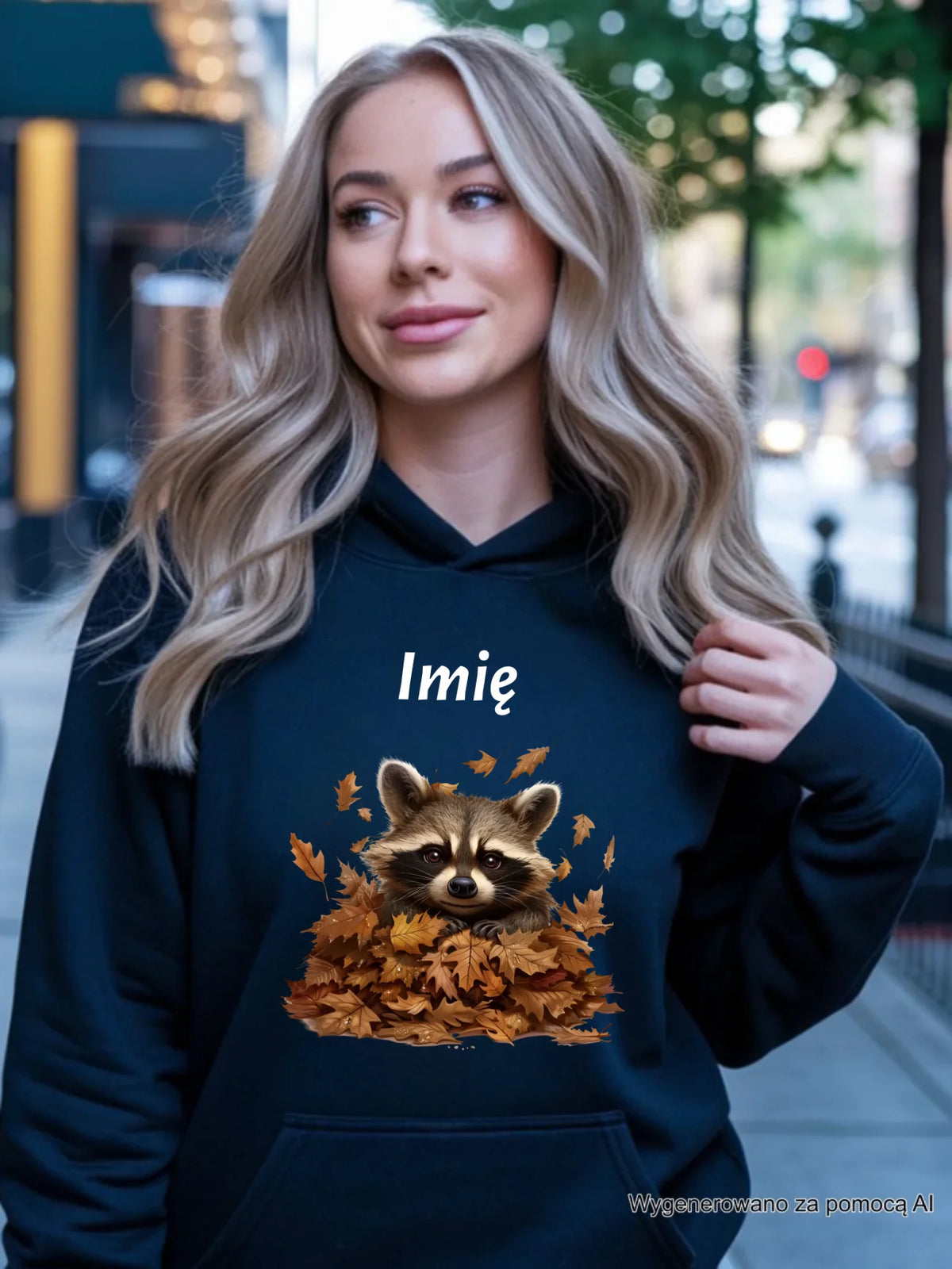 Bluza damska z kapturem jesienna - Szop w liściach - personalizowana JS24
