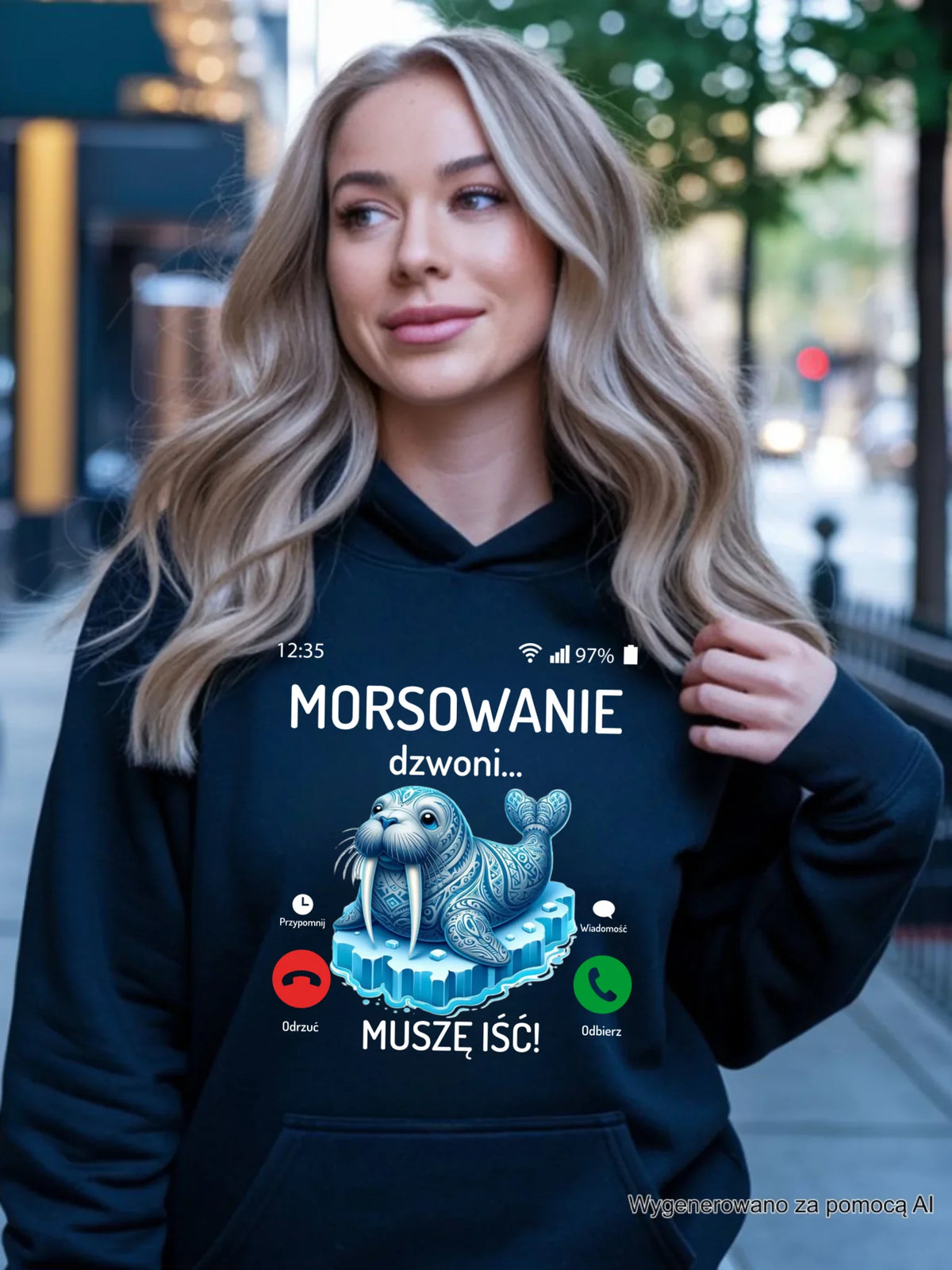 Bluza damska z kapturem - prezent dla morsa - Morsowanie dzwoni muszę iść - Mors HM04