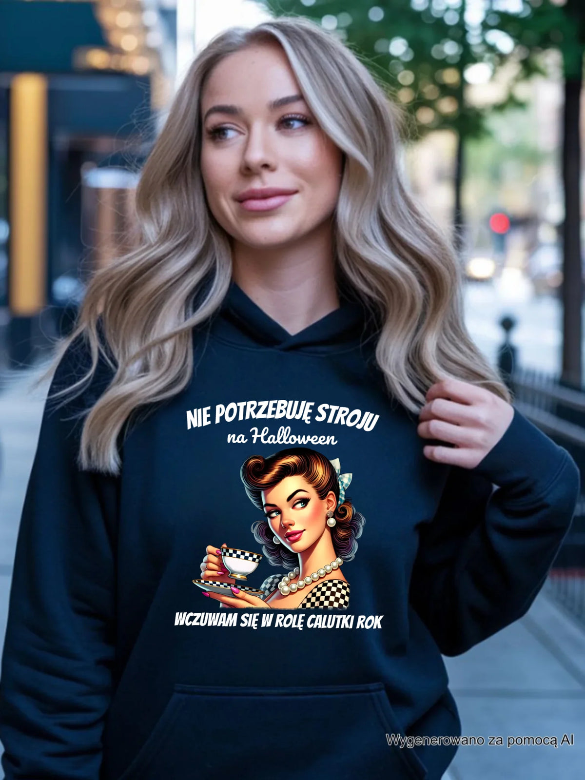 Bluza damska z kapturem retro pin-up girl – Nie potrzebuję stroju na Halloween HL29