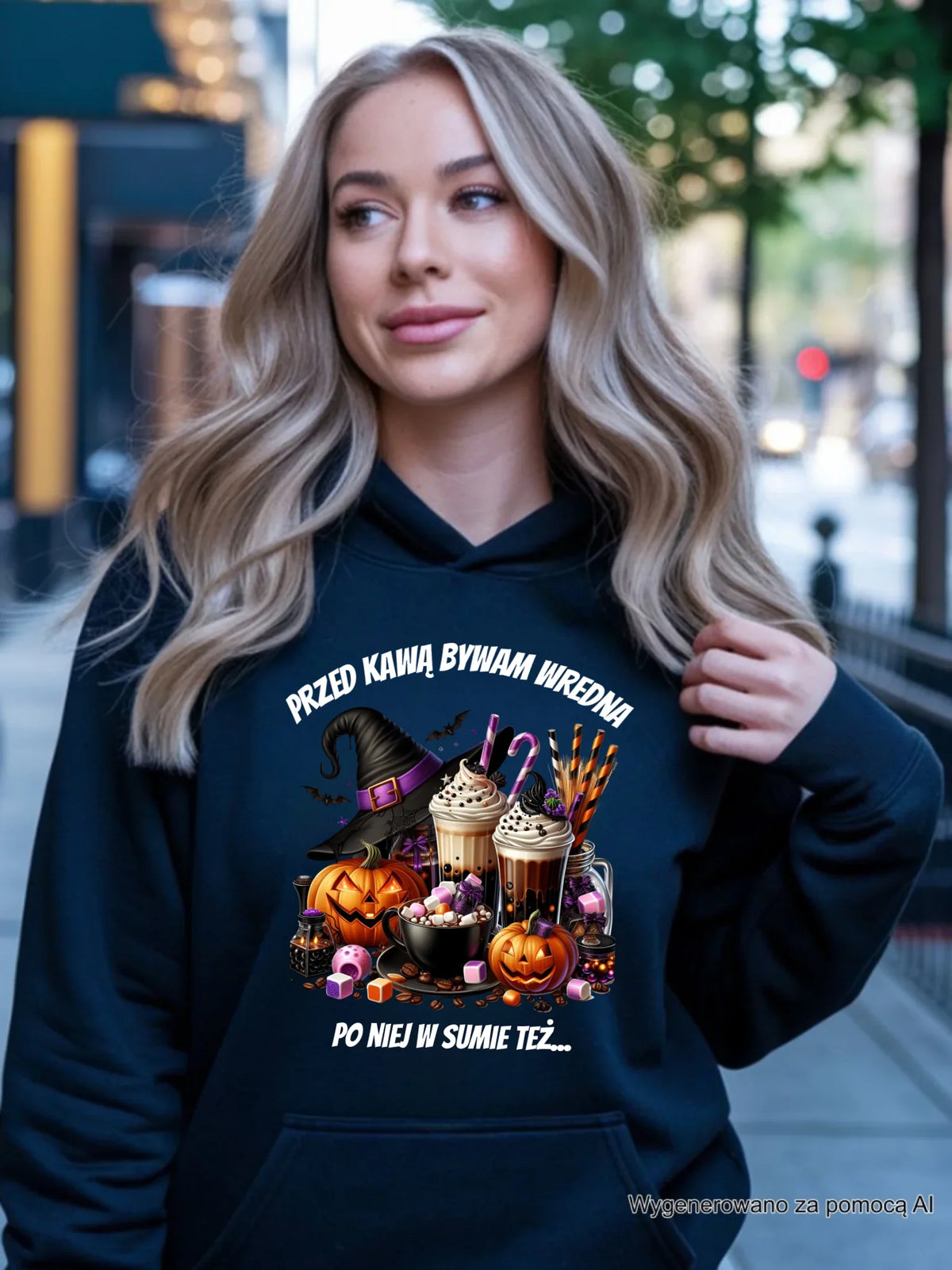 Bluza damska z kapturem Halloween – Przed kawą bywam wredna, po niej w sumie też HL30