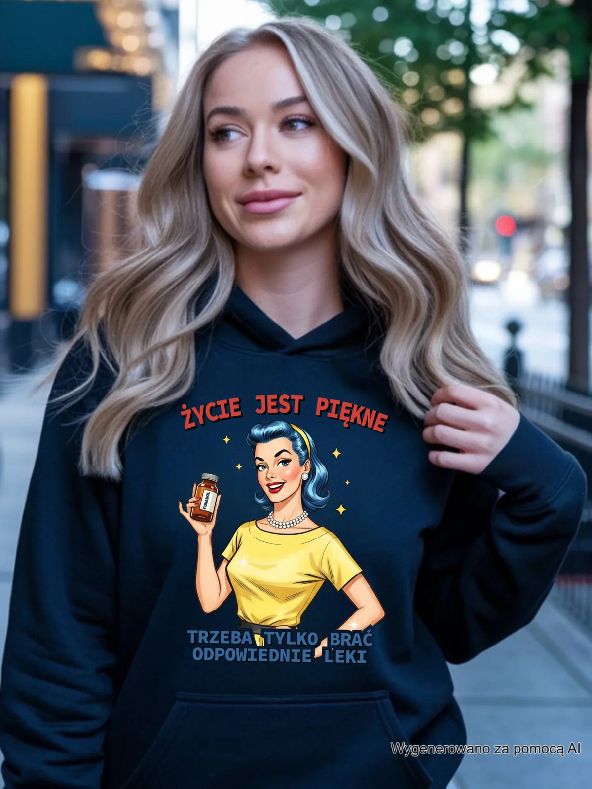 Bluza damska z kapturem retro - Życie jest piękne, trzeba brać odpowiednie leki DZ14