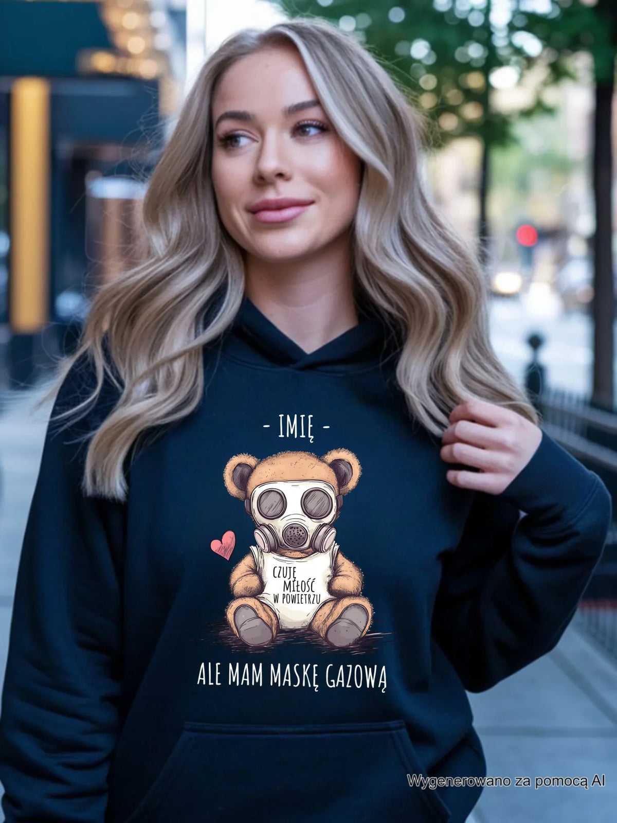 Bluza damska z kapturem - Miś w masce gazowej - Czuję miłość w powietrzu - personalizowana W38