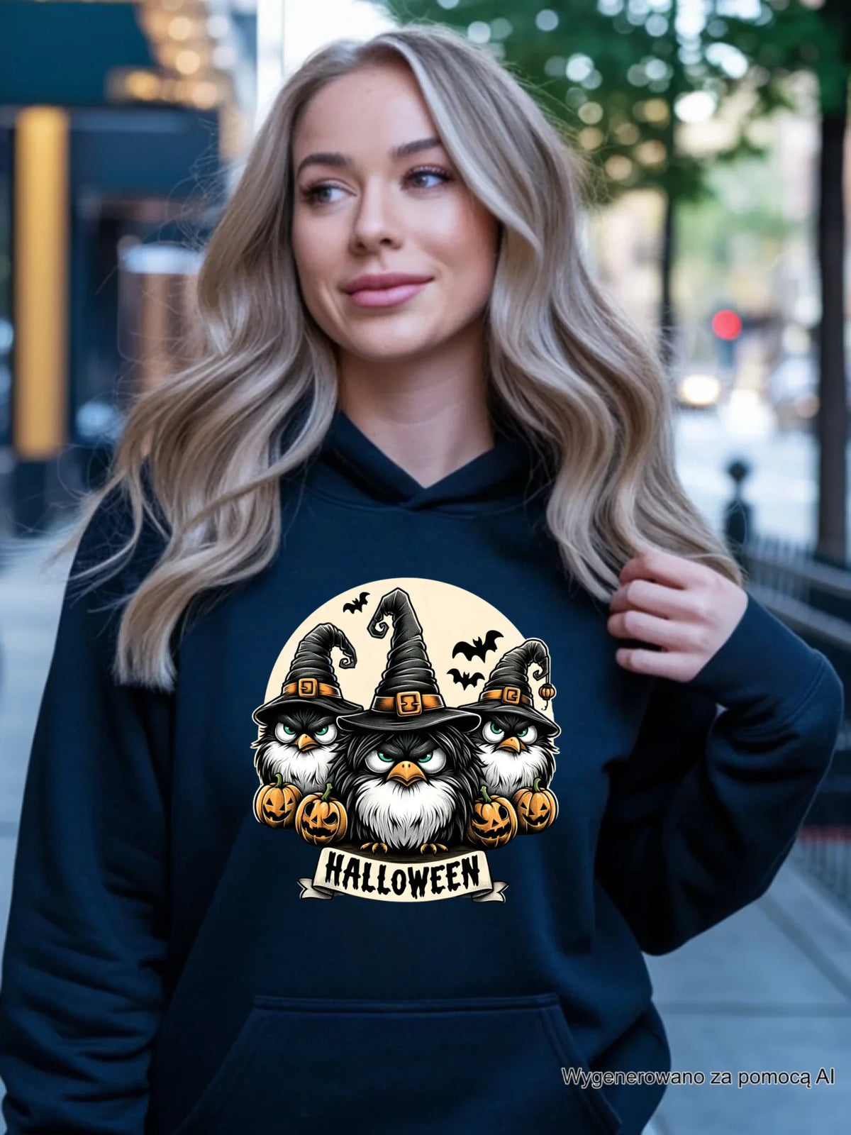 Bluza damska z kapturem na Halloween - Upiorne sowy wiedźmy HL15