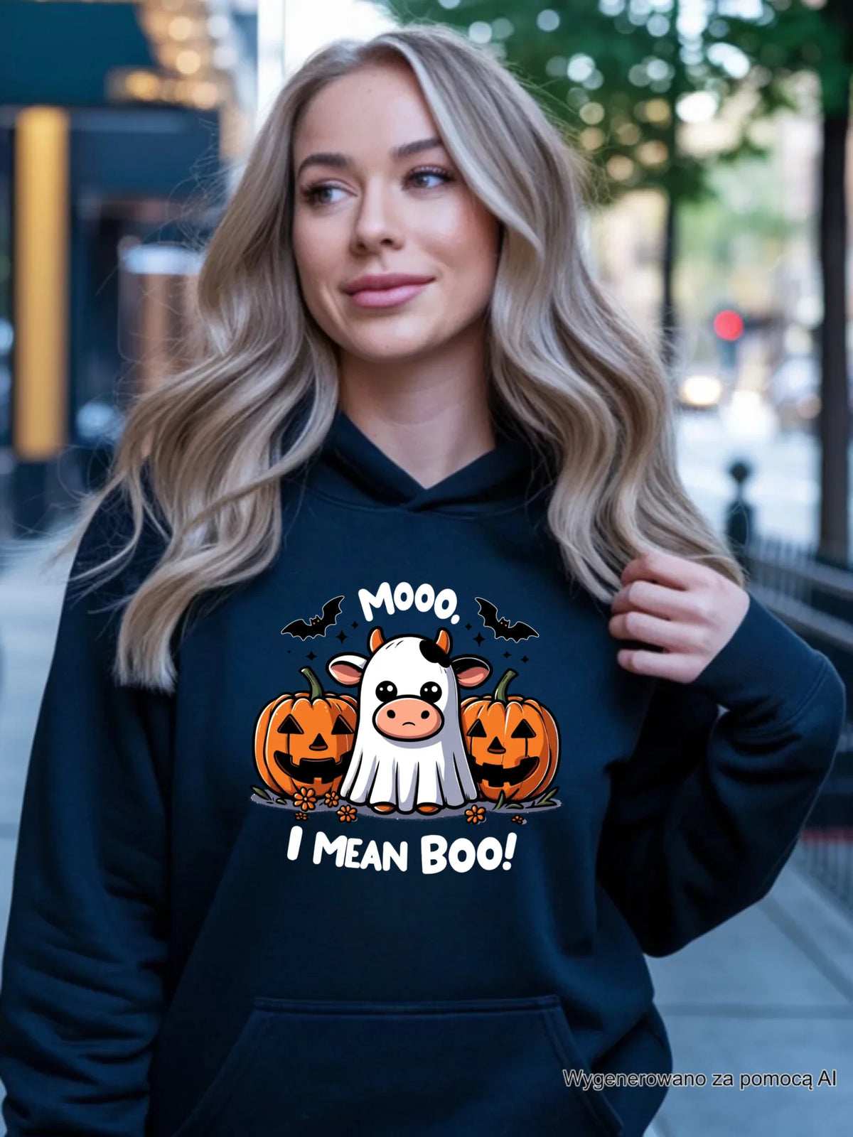 Bluza damska z kapturem na Halloween - Mooo I mean Boo! - z dynią i duchem HL14