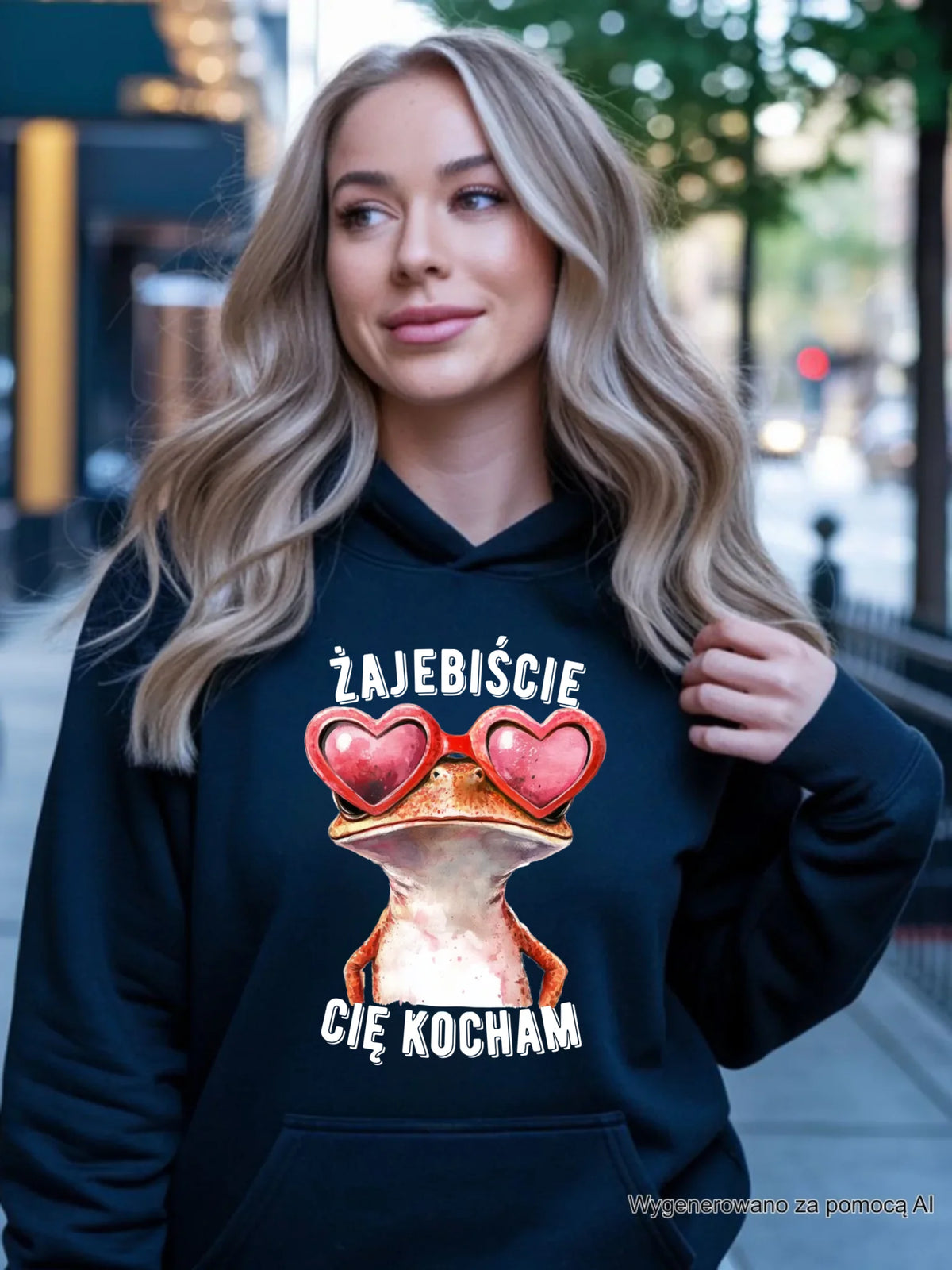 Bluza damska z kapturem dla par - Żajebiście Cię Kocham Żaba W17