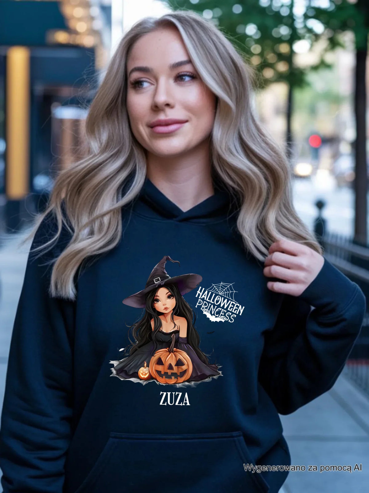 Bluza damska z kapturem halloweenowa - Czarownica z dynią - personalizowana HL10