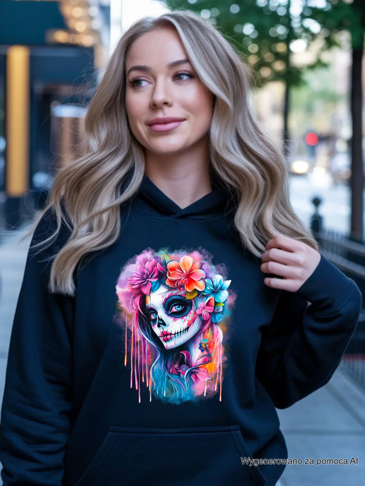 Bluza damska z kapturem Halloween - kolorowa czaszka z kwiatami La Muerte HL05