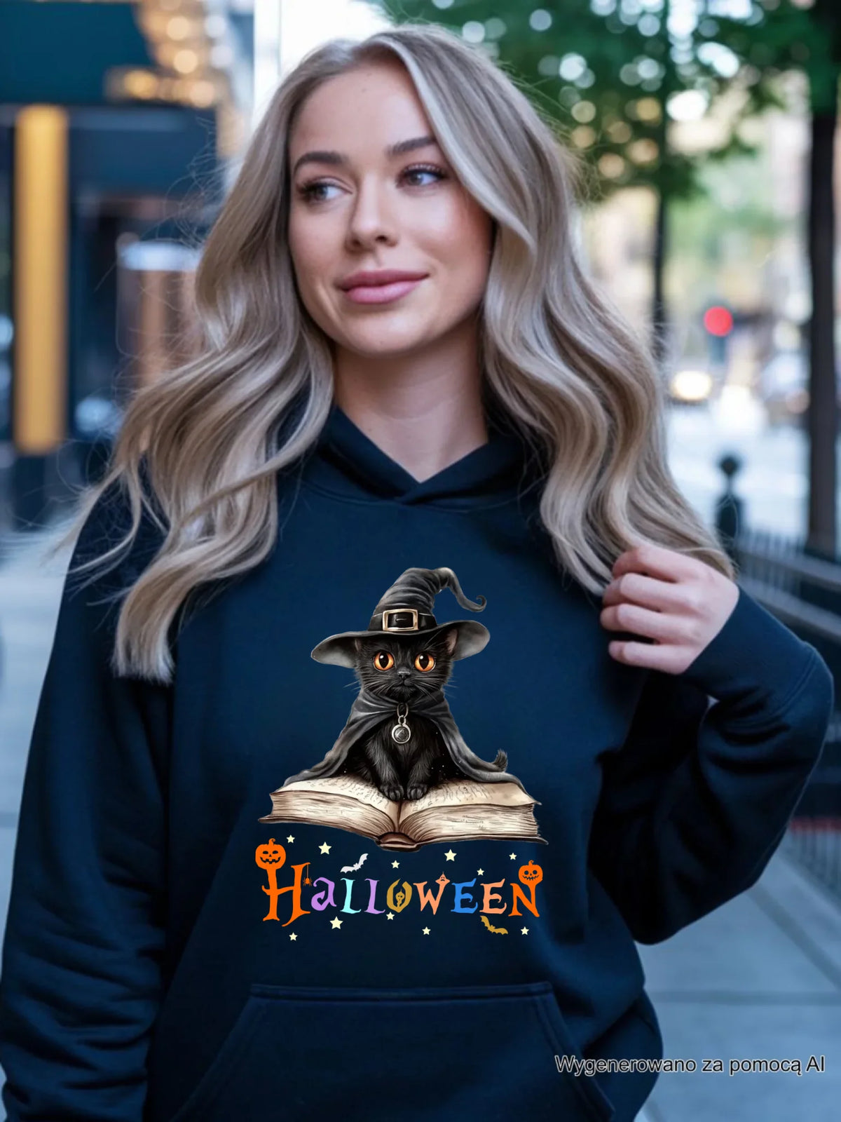 Bluza damska z kapturem na Halloween - Kot Czarodziej HL06