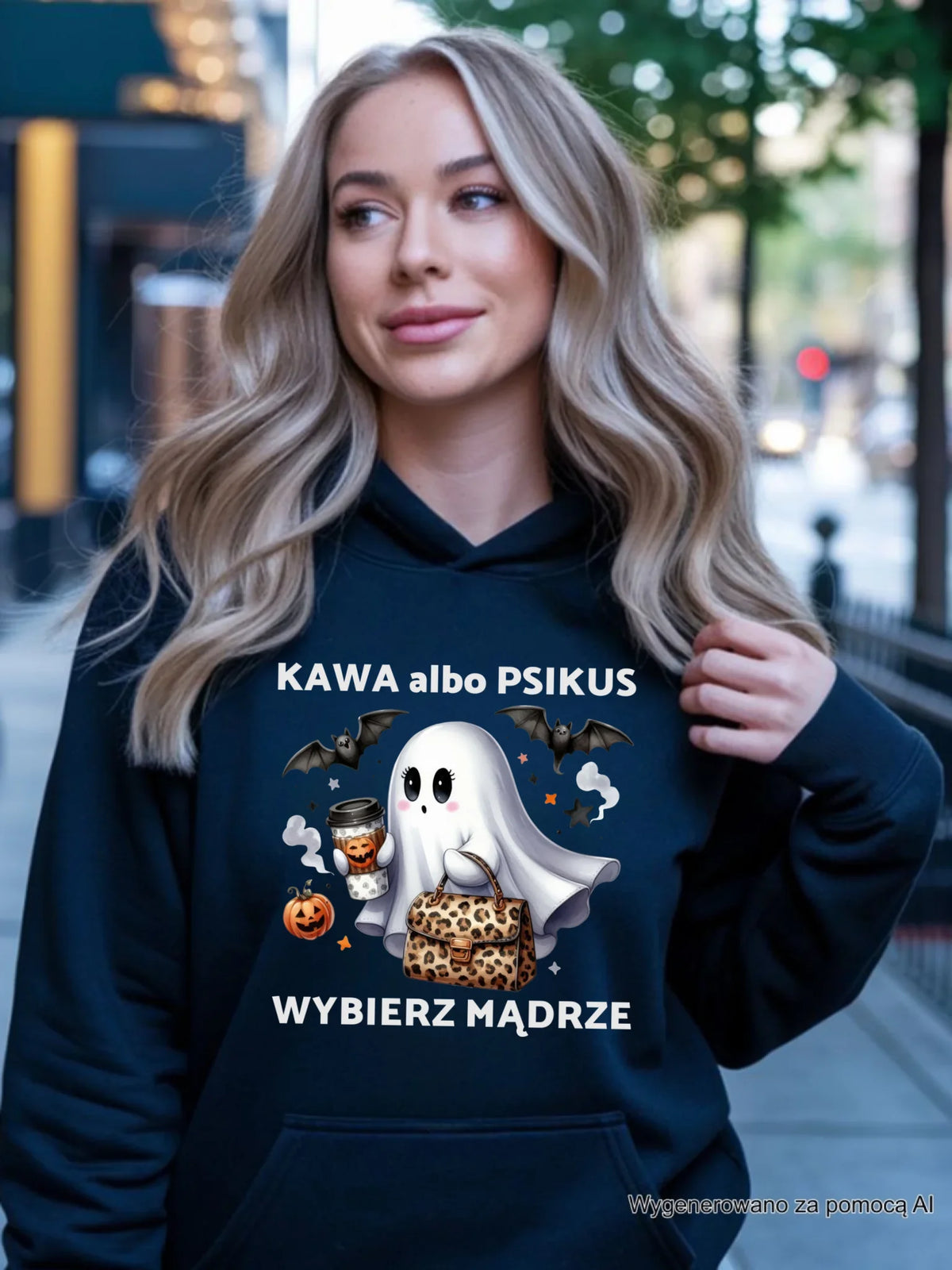 Bluza damska z kapturem halloweenowa - Duch - Kawa albo psikus HL07