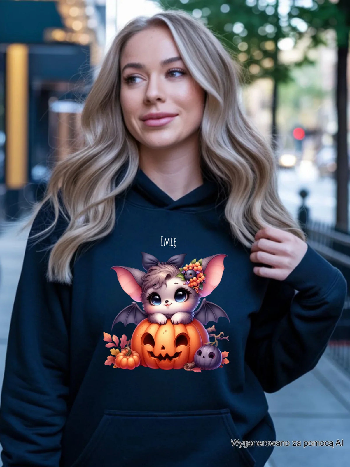Bluza damska z kapturem halloweenowa - Uroczy nietoperz z dynią - personalizowana HL08