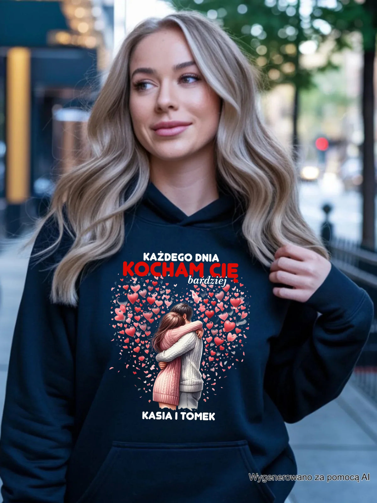 Bluza damska z kapturem dla par - Każdego dnia kocham Cię bardziej - personalizowana W09