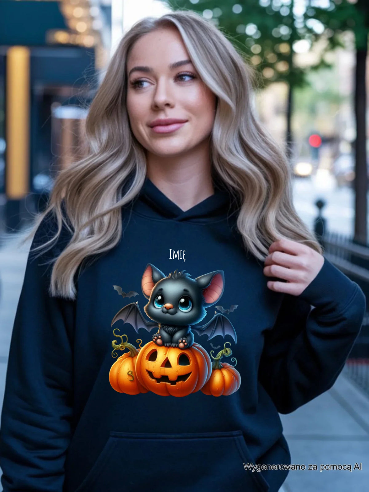 Bluza damska z kapturem halloweenowa - Słodki nietoperz z dynią - personalizowana HL09