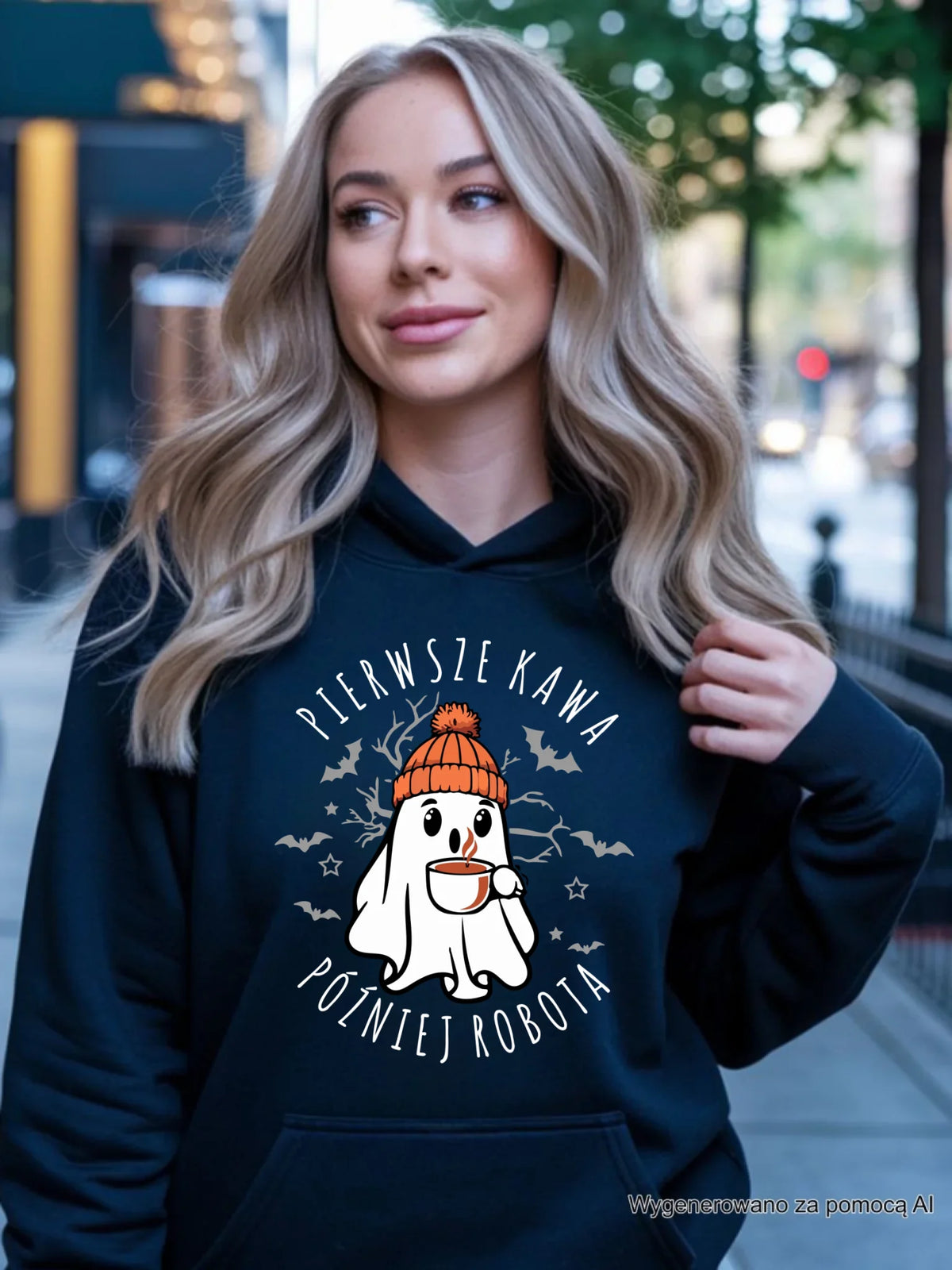 Bluza damska z kapturem na Halloween - Duch z kawą - Pierwsze kawa później robota HL01