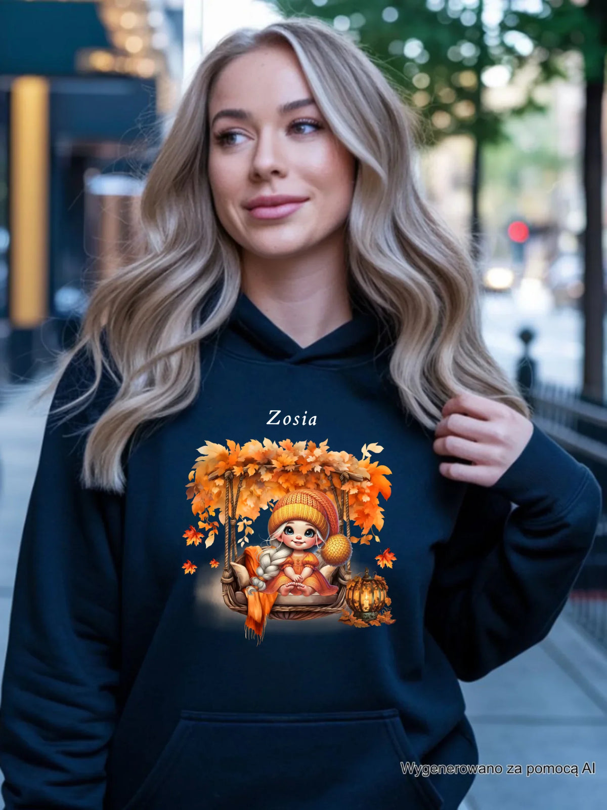 Bluza damska z kapturem jesieniara - Dziewczynka z liśćmi - personalizowana JS17