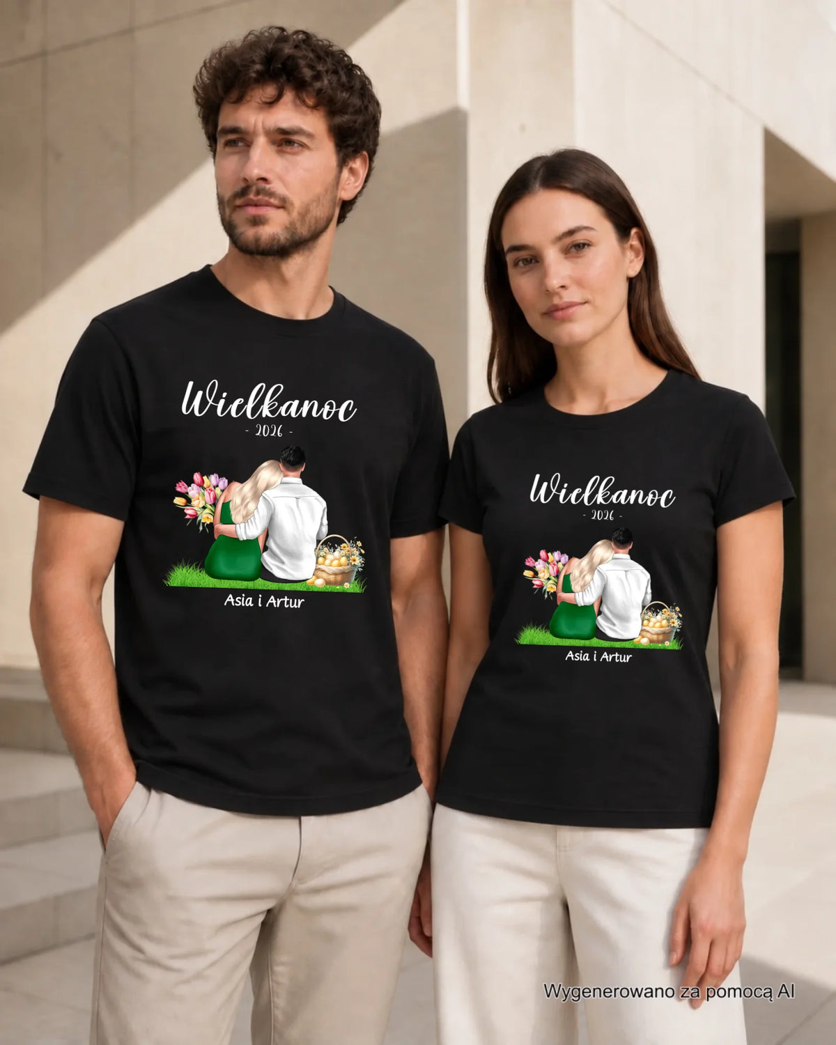 Zestaw koszulek na Wielkanoc dla par - personalizowany - Wielkanoc - czarne koszulki na parze