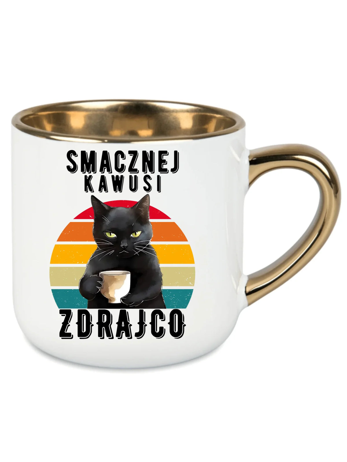 Prezent na odejście z pracy dla koleżanki, biały kubek ze złotym rantem, wzór Smacznej kawusi zdrajco, czarny kot.