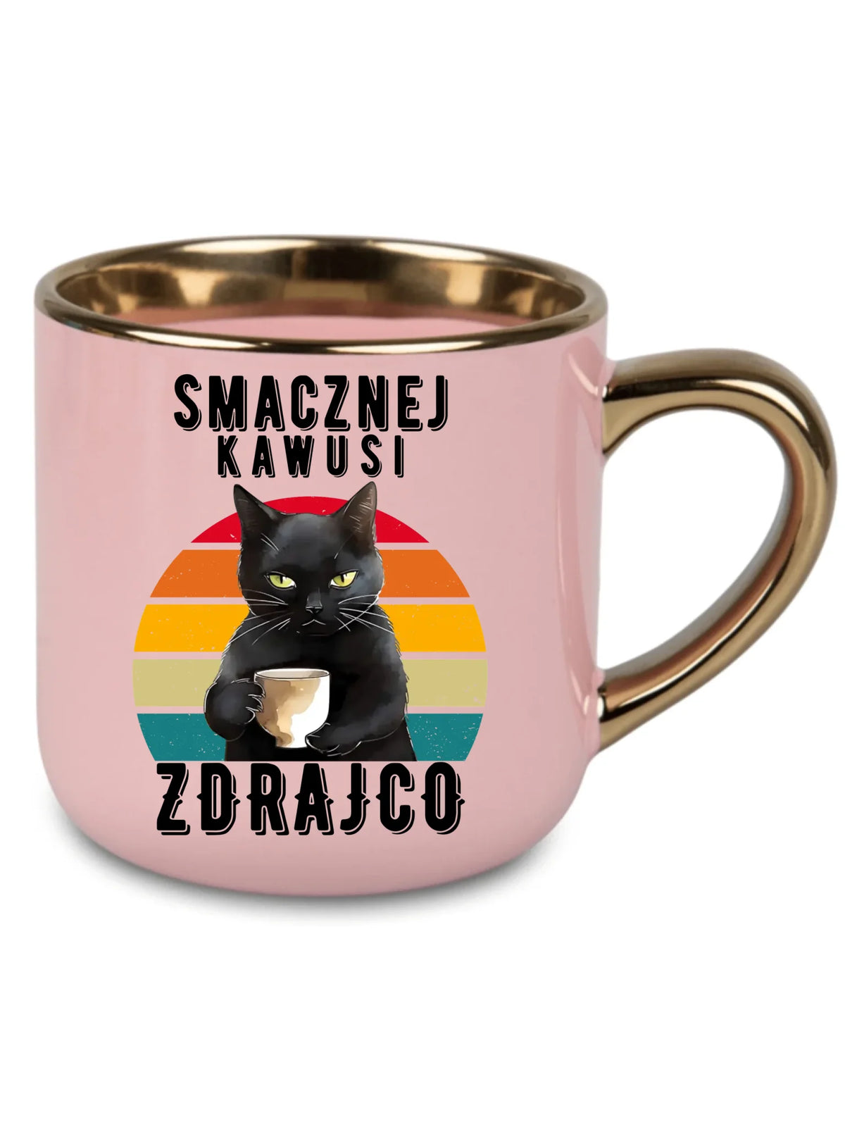 Upominek na odejście z pracy dla współpracownika, różowy kubek ze złotym rantem, wzór Smacznej kawusi zdrajco, czarny kot.