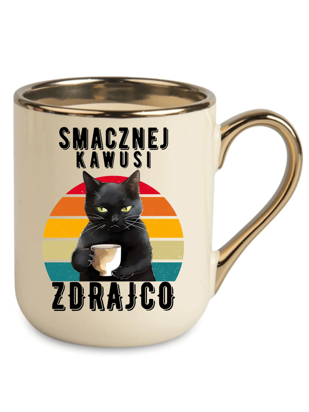 Prezent na odejście z pracy dla koleżanki, kremowy kubek ze złotym rantem, wzór Smacznej kawusi zdrajco, czarny kot.
