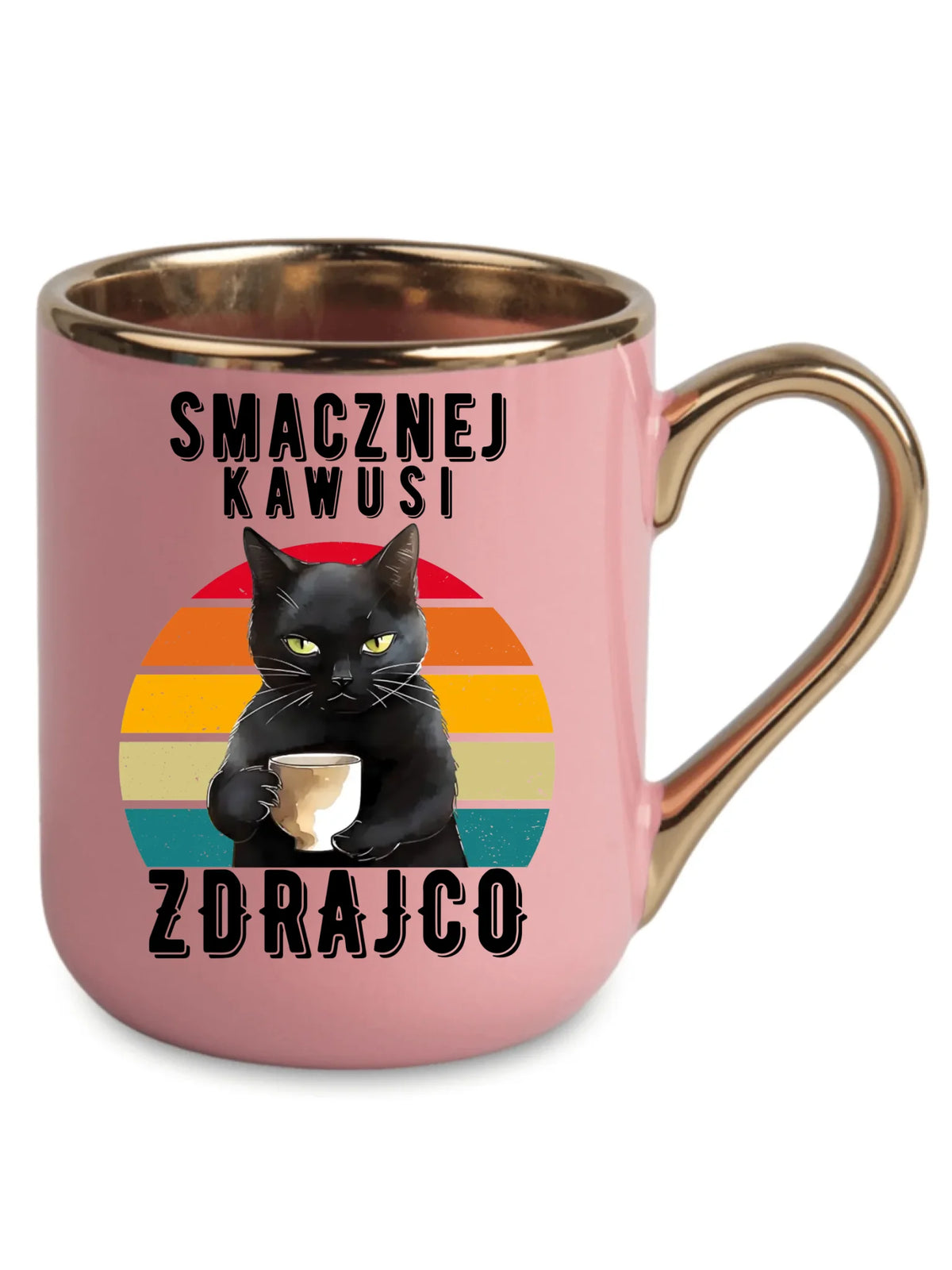 Śmieszny prezent na pożegnanie dla kolegi, różowy kubek ze złotym rantem, wzór Smacznej kawusi zdrajco, czarny kot.