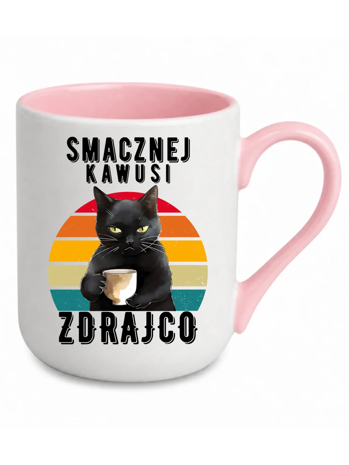 Prezent na pożegnanie z pracy dla koleżanki, biały kubek z różowym środkiem, wzór Smacznej kawusi zdrajco, czarny kot.