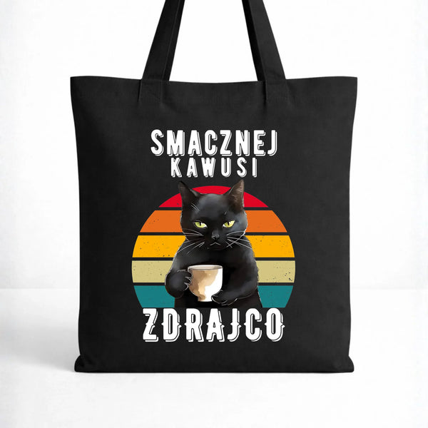 Prezent na odejście z pracy dla koleżanki, czarna torba bawełniana, wzór Smacznej kawusi zdrajco, czarny kot.