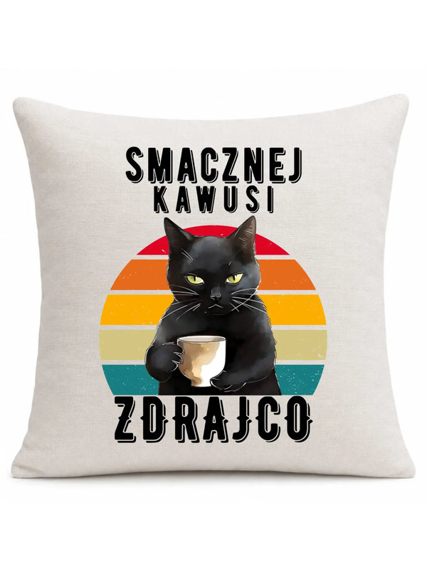 Prezent na odejście z pracy dla koleżanki, kremowa poduszka lniana, wzór Smacznej kawusi zdrajco, czarny kot.