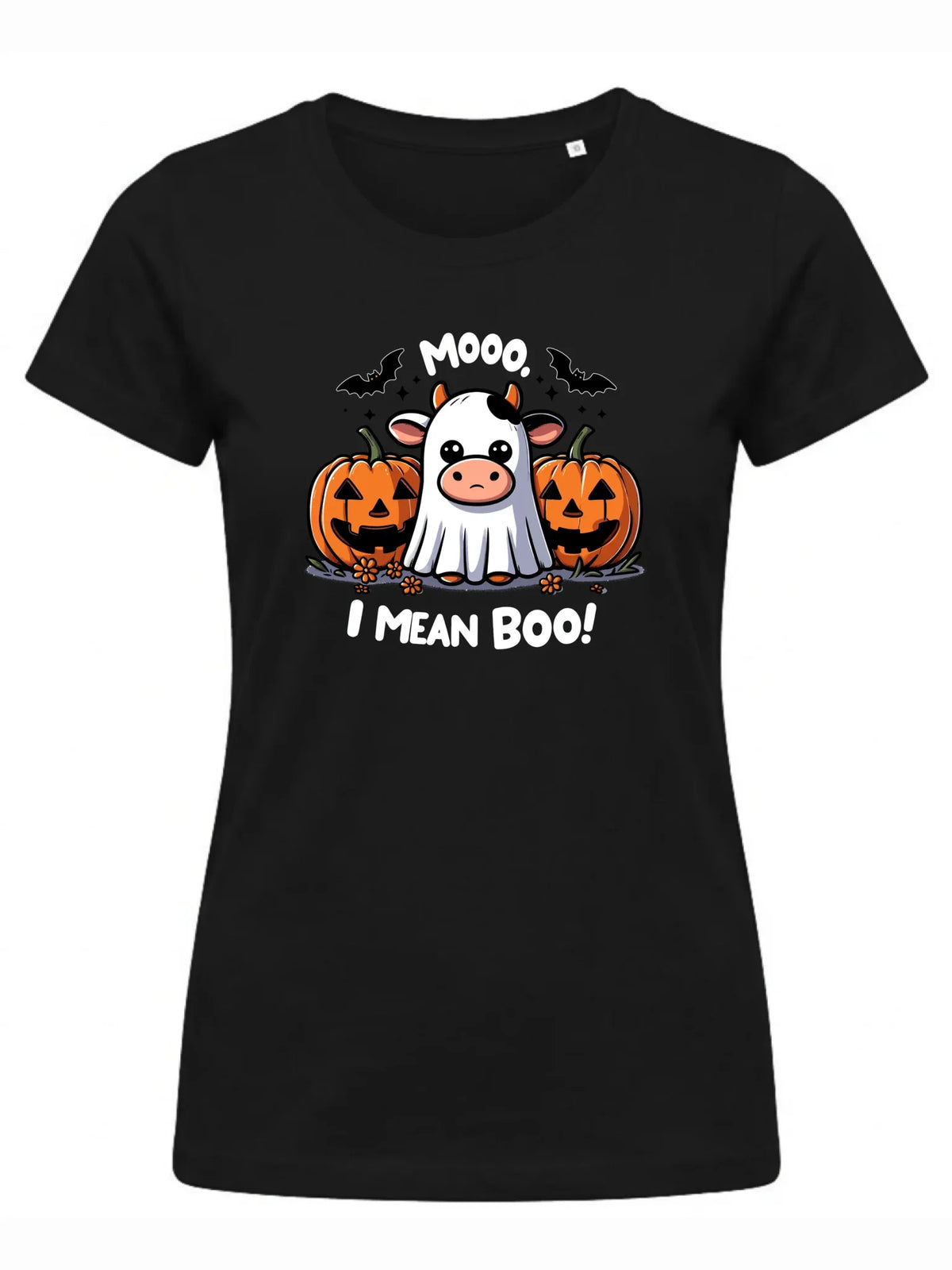 Koszulka damska na Halloween - Mooo I mean Boo! - z dynią i duchem HL14
