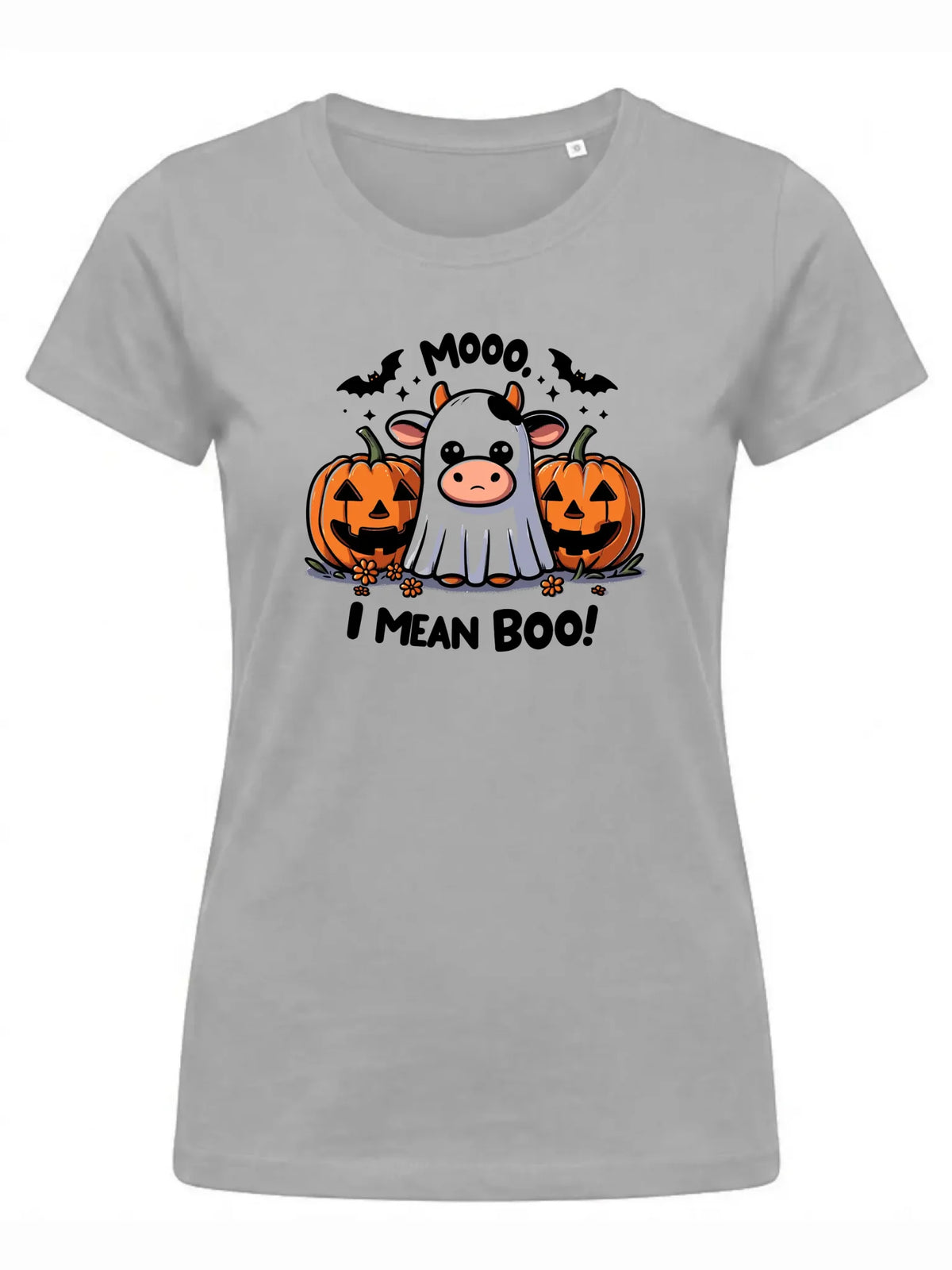 Koszulka damska na Halloween - Mooo I mean Boo! - z dynią i duchem HL14