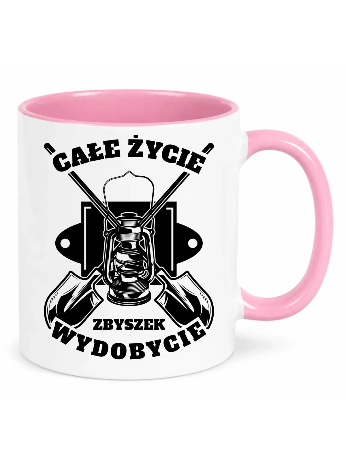 Prezent na urodziny dla taty kubek klasyczny biały z różowym środkiem ze wzorem Całe życie wydobycie i personalizowanym imieniem.