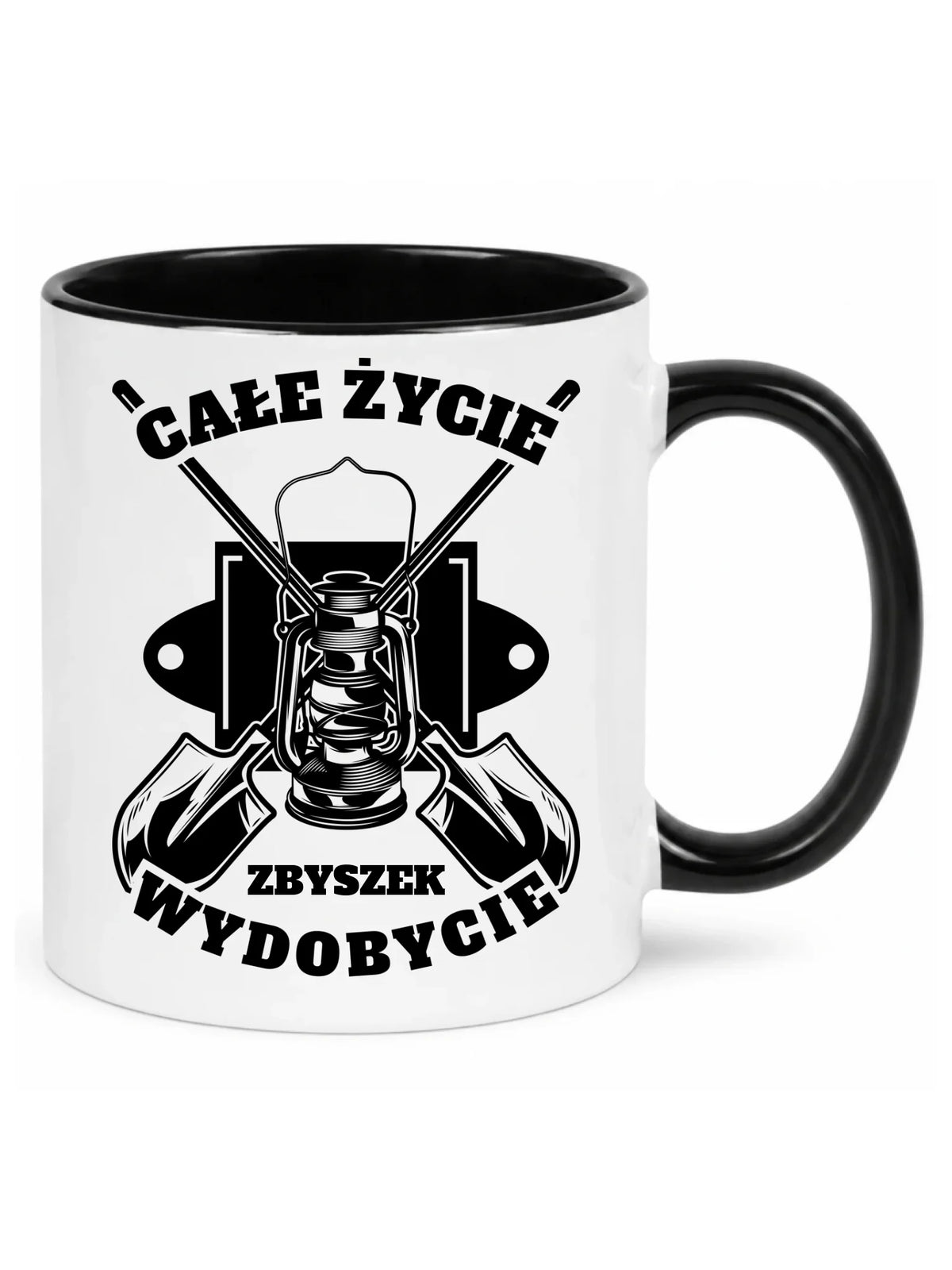Śmieszny prezent na Dzień Górnika kubek klasyczny biały z czarnym środkiem ze wzorem Całe życie wydobycie i personalizowanym imieniem.