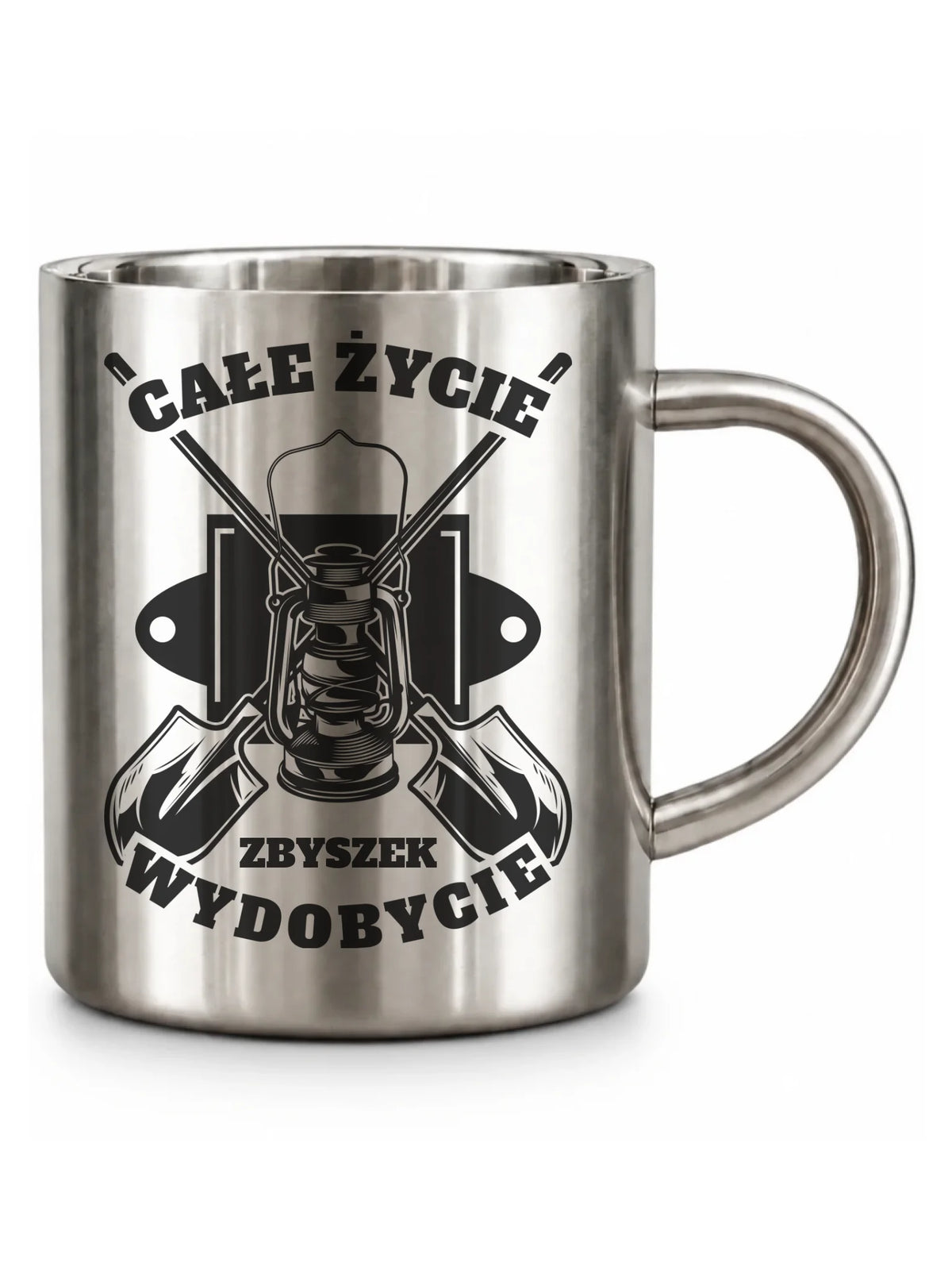 Srebrny kubek metalowy z uchem z imieniem dla górnika - Całe życie wydobycie