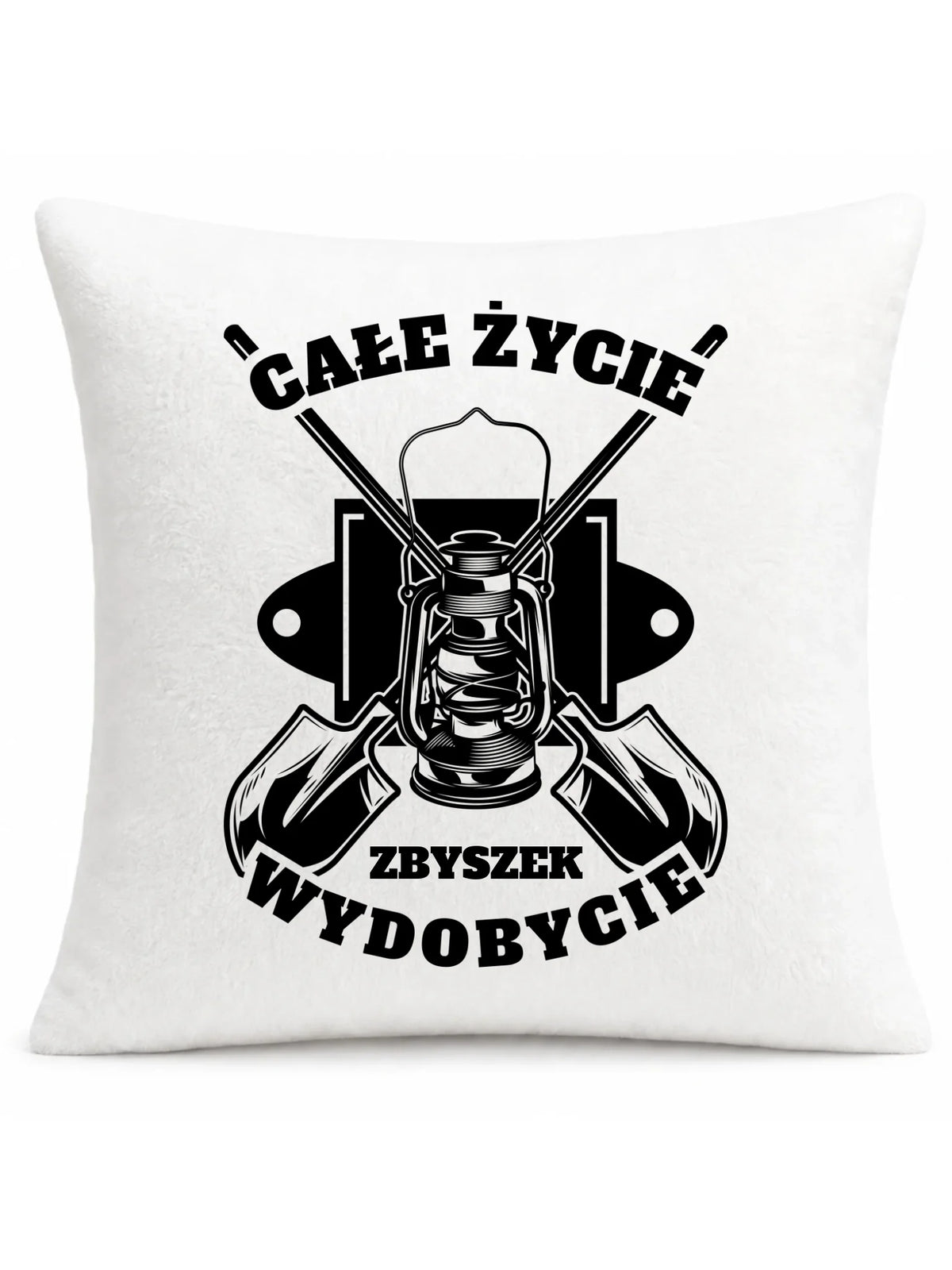 Biała poduszka pluszowa z imieniem dla górnika - Całe życie wydobycie