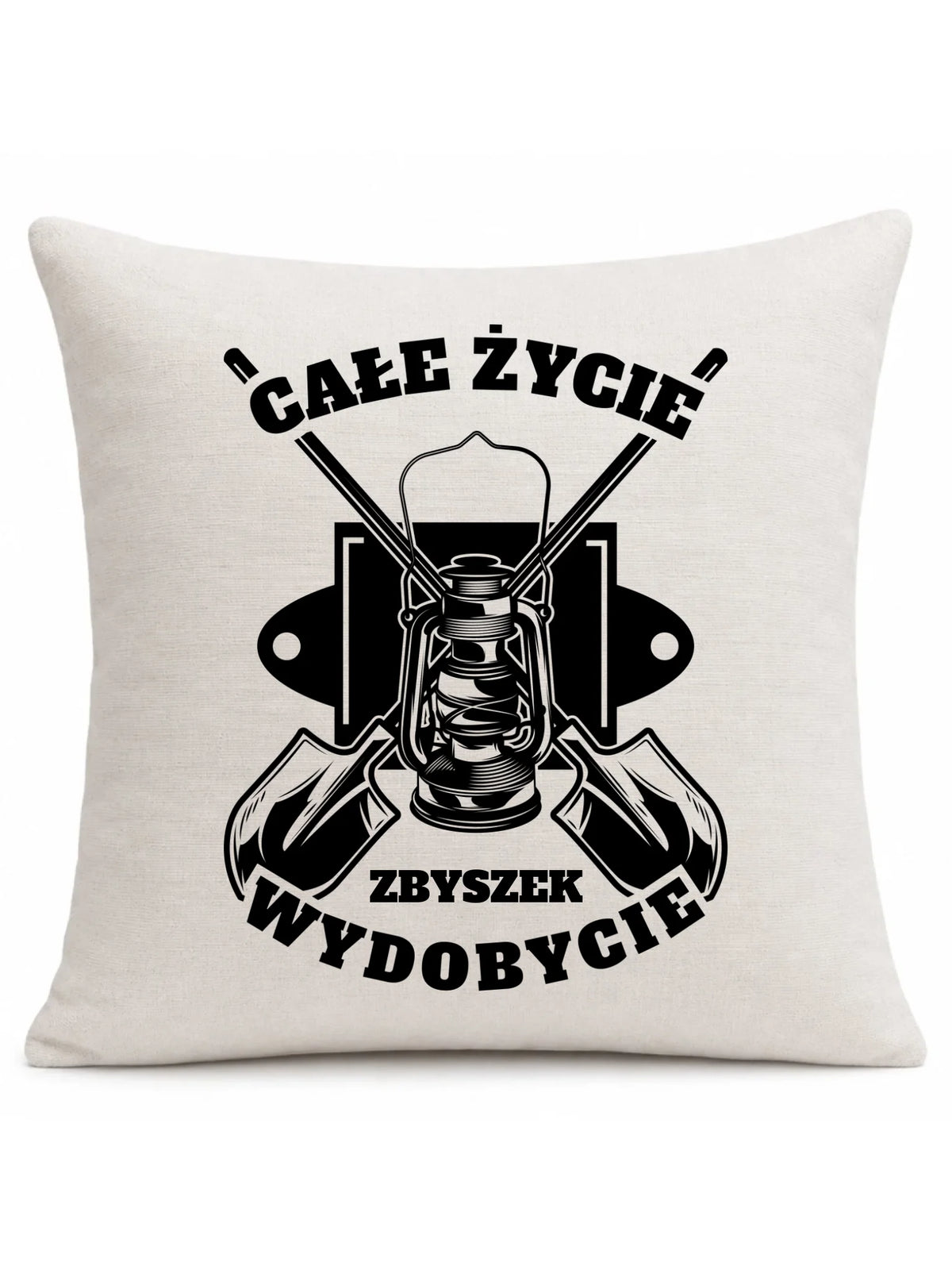 Kremowa poduszka lniana z imieniem dla górnika - Całe życie wydobycie