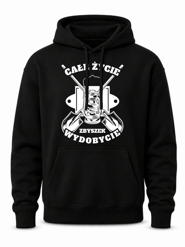 Prezent na święta dla górnika męska bluza z kapturem bluza męska z kapturem ze wzorem Całe życie wydobycie i personalizowanym imieniem.