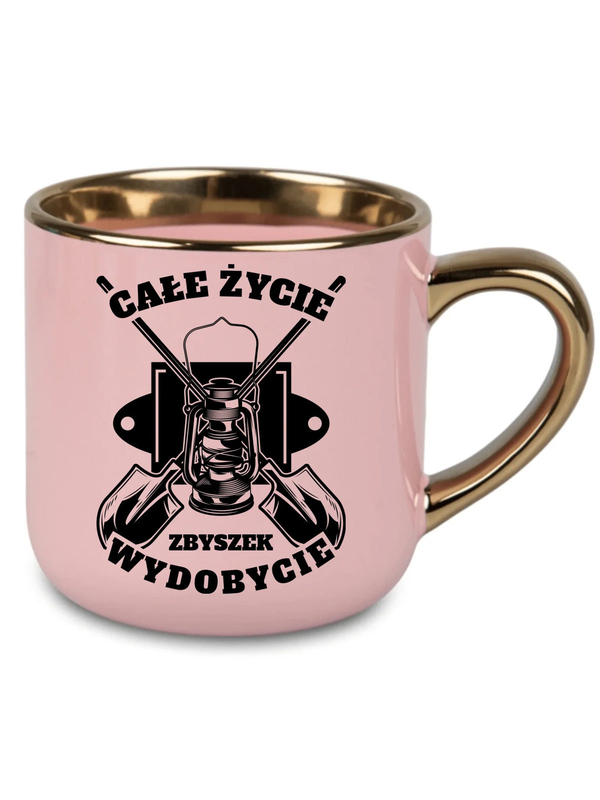 Prezent na urodziny dla taty kubek ze złotym rantem różowy ze wzorem Całe życie wydobycie i personalizowanym imieniem.