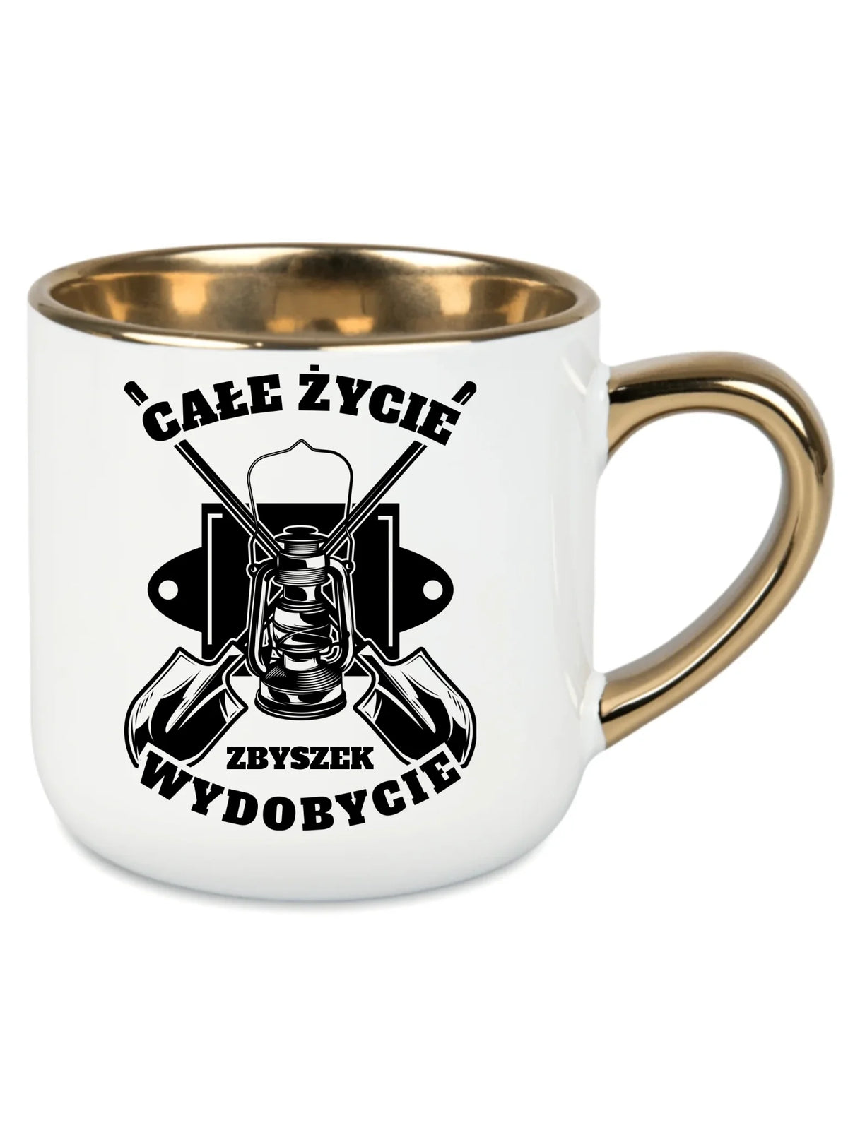 Prezent na święta dla górnika kubek ze złotym rantem biały ze wzorem Całe życie wydobycie i personalizowanym imieniem.