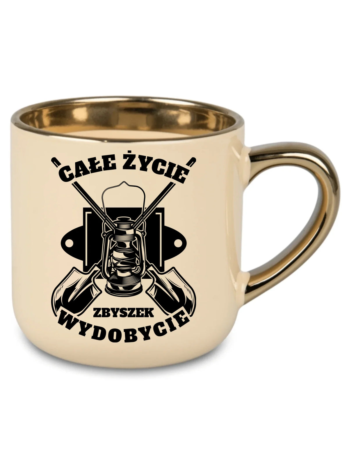 Śmieszny prezent na Dzień Górnika kubek ze złotym rantem kremowy ze wzorem Całe życie wydobycie i personalizowanym imieniem.