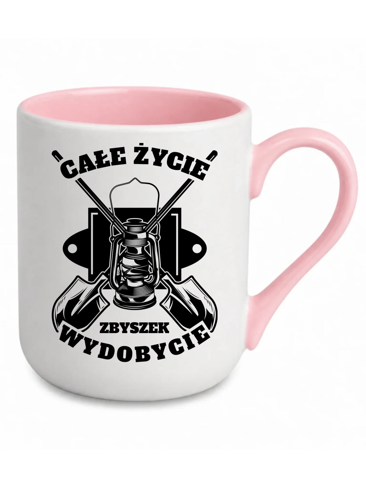 Upominek na Dzień Górnika dla kolegi kubek elegant różowy ze wzorem Całe życie wydobycie i personalizowanym imieniem.