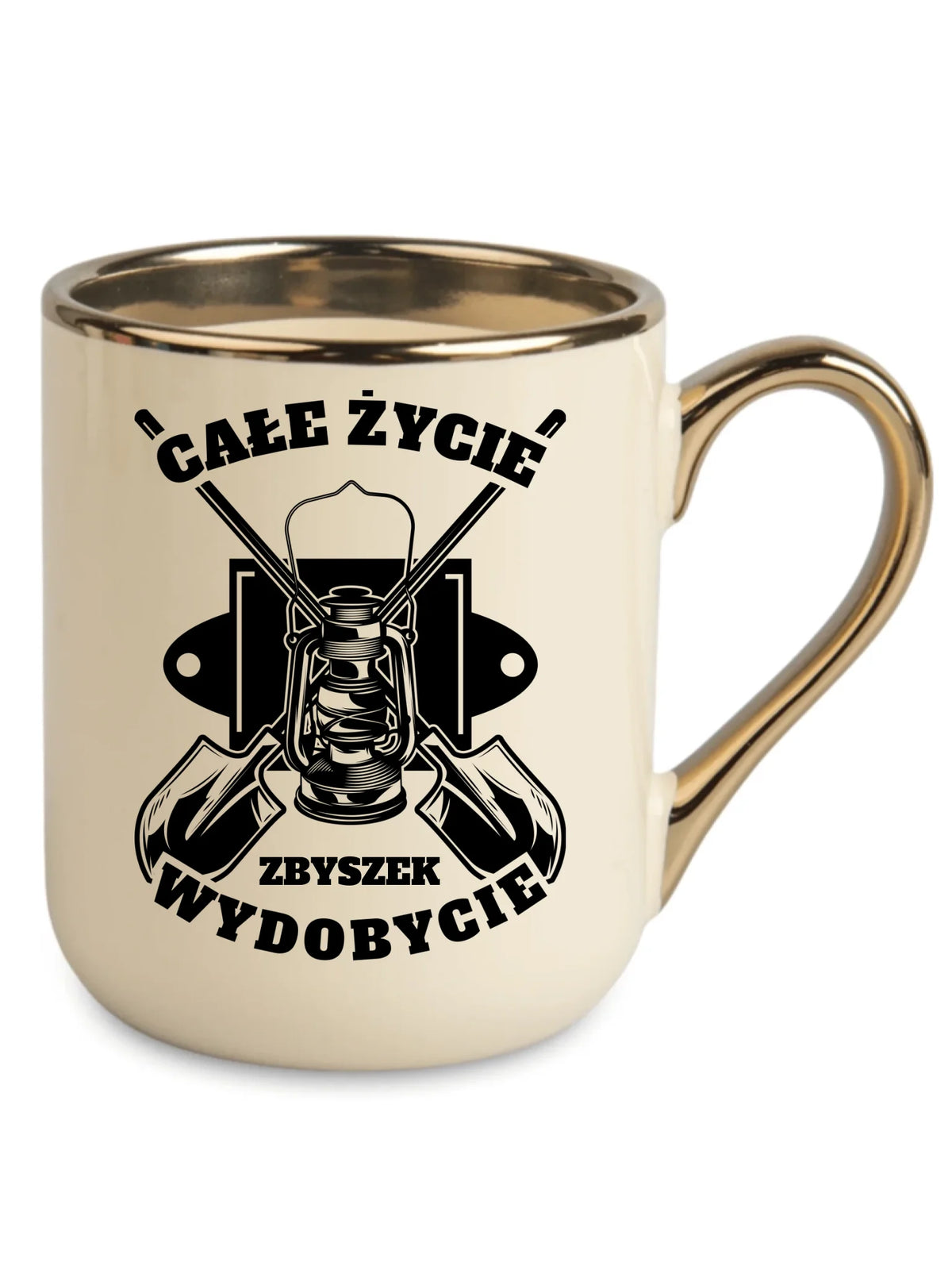 Prezent na święta dla górnika kubek elegant kremowy ze wzorem Całe życie wydobycie i personalizowanym imieniem.