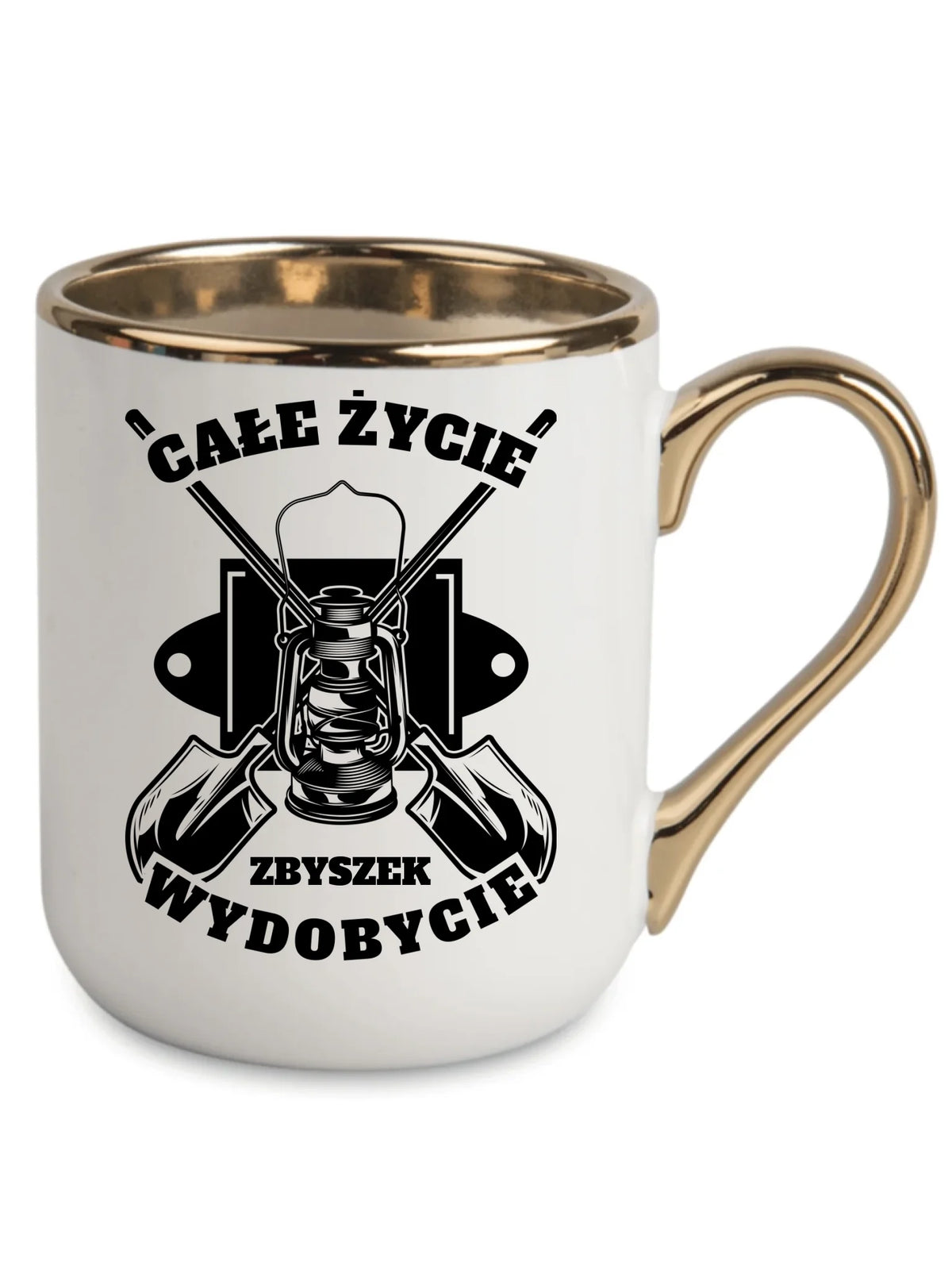 Śmieszny prezent na Dzień Górnika kubek elegant biały ze wzorem Całe życie wydobycie i personalizowanym imieniem.