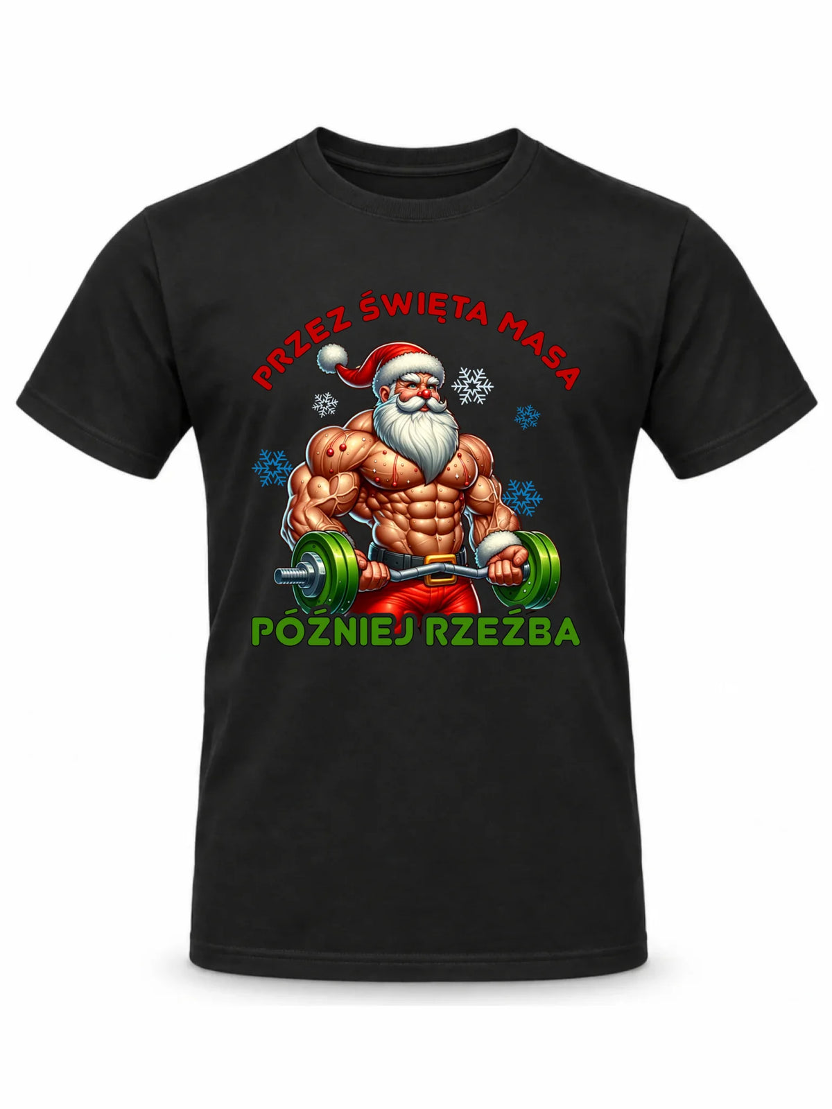 Koszulka męska świąteczna - Mikołaj na siłowni - Przez święta masa, później rzeźba BN139