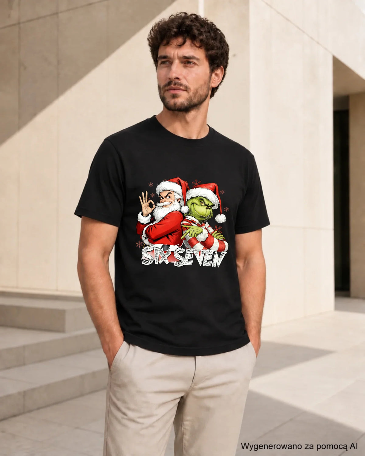 Koszulka męska świąteczna - Mikołaj i Grinch six seven 67 BN148