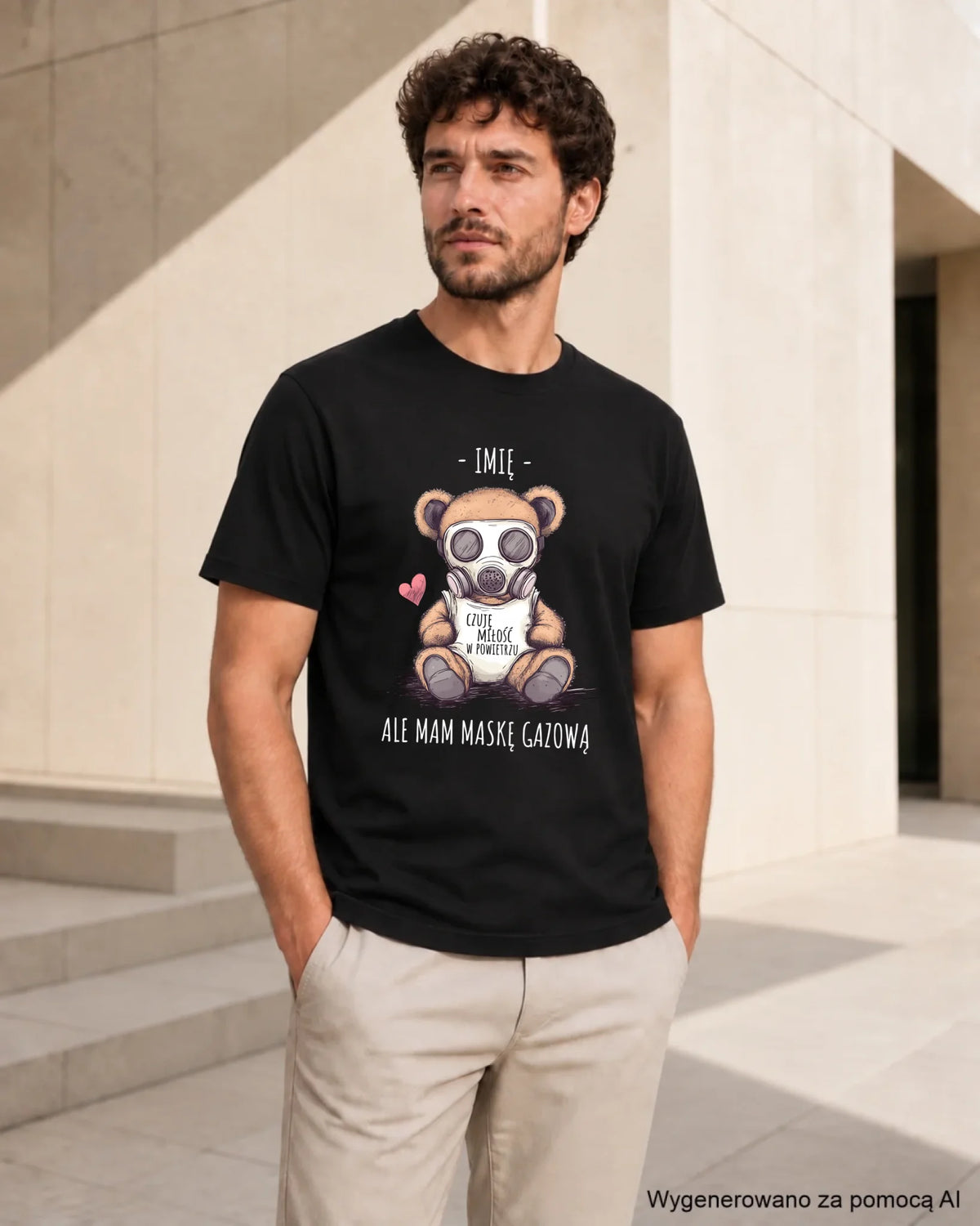 Koszulka męska - Miś w masce gazowej - Czuję miłość w powietrzu - personalizowana W38