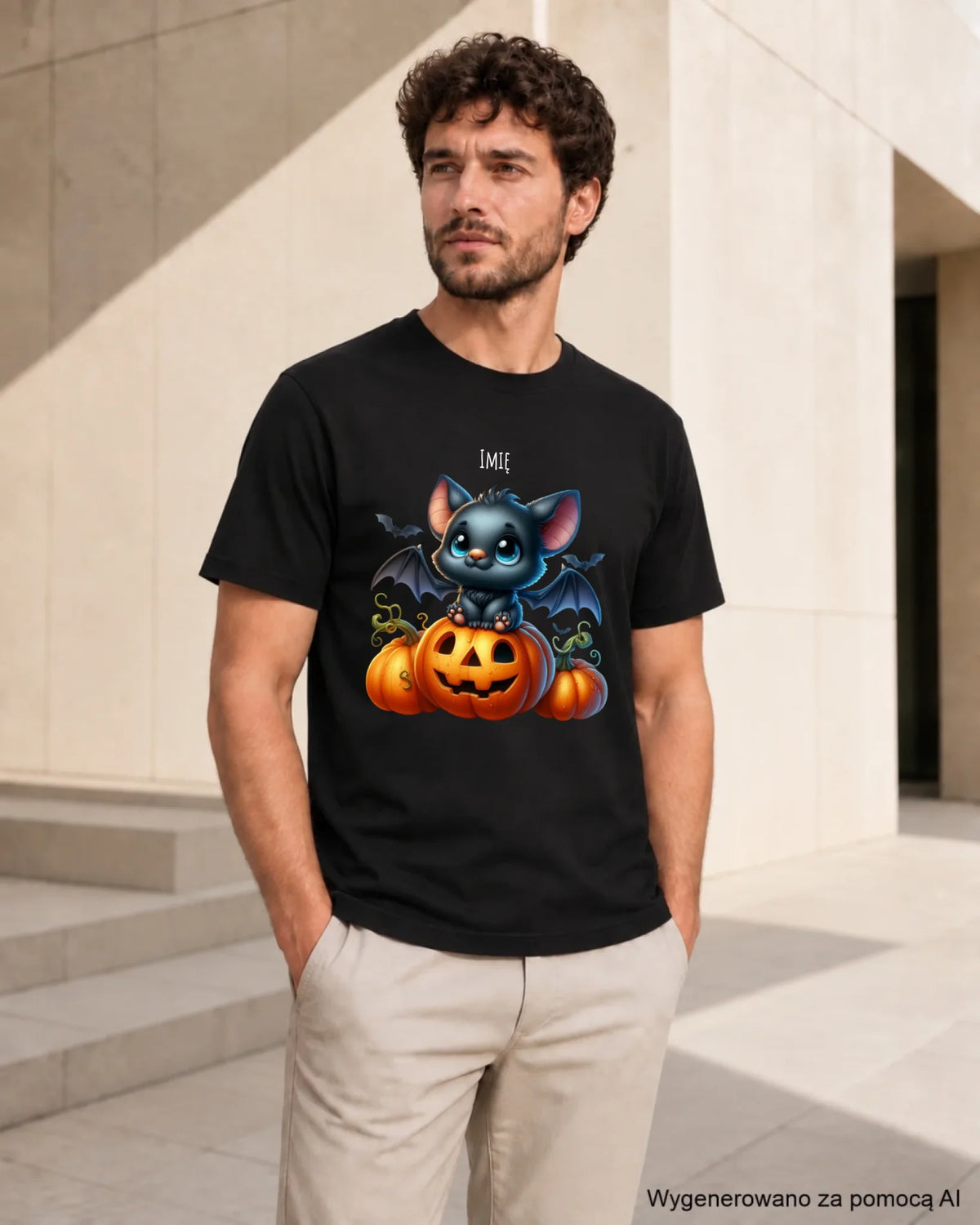 Koszulka męska halloweenowa - Słodki nietoperz z dynią - personalizowana HL09