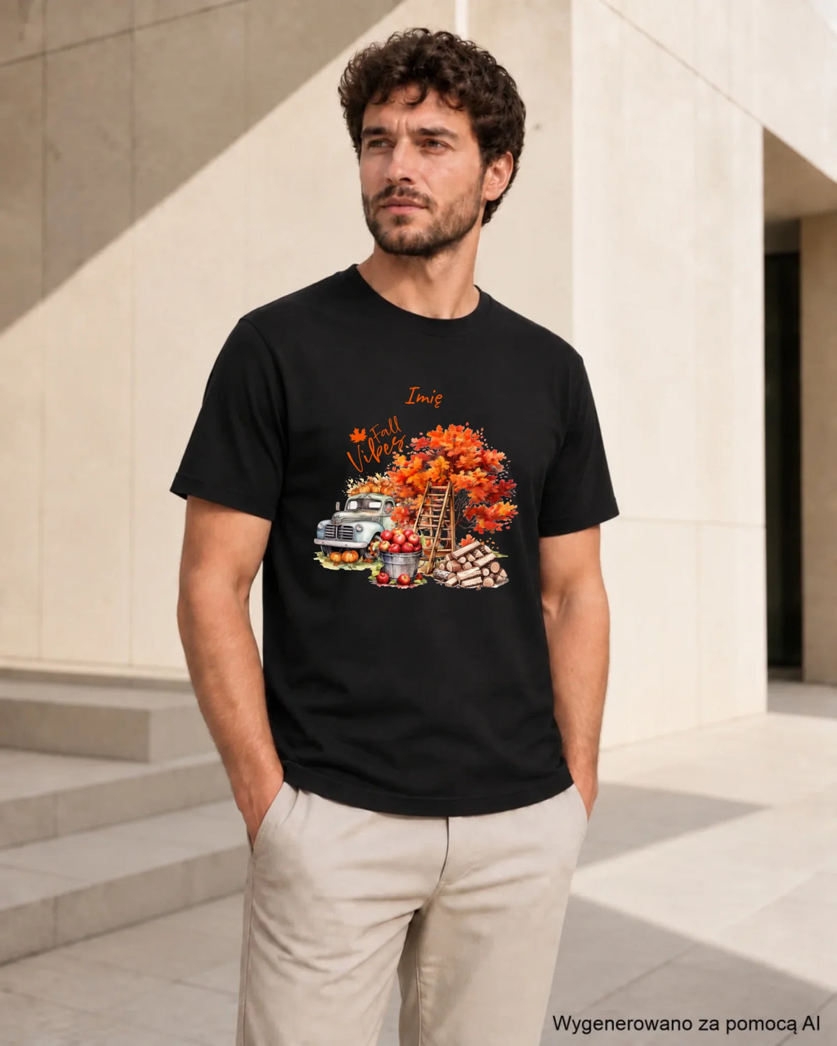 Koszulka męska jesienna – Vintage auto dynie i jabłka – personalizowana JS07