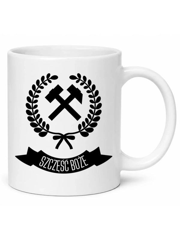 Biały kubek dla górnika - Szczęść Boże