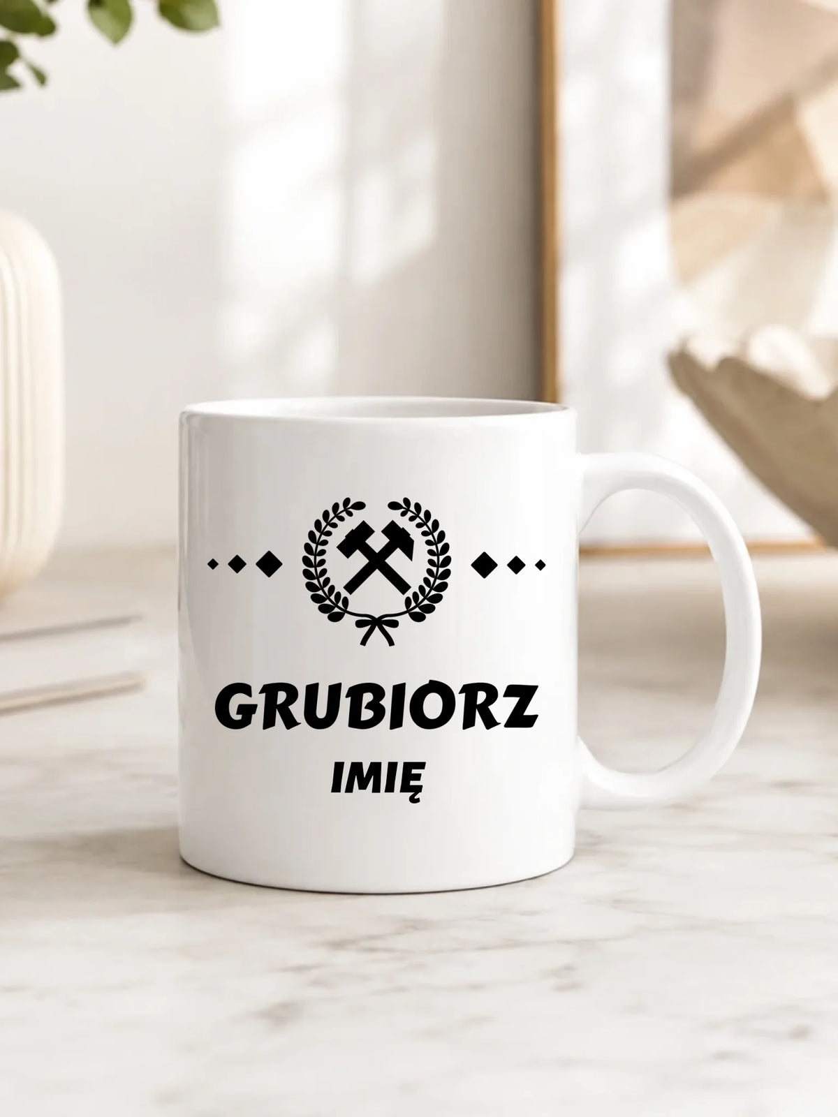 Prezent na Barbórkę biały kubek z imieniem i nadrukiem - Grubiorz